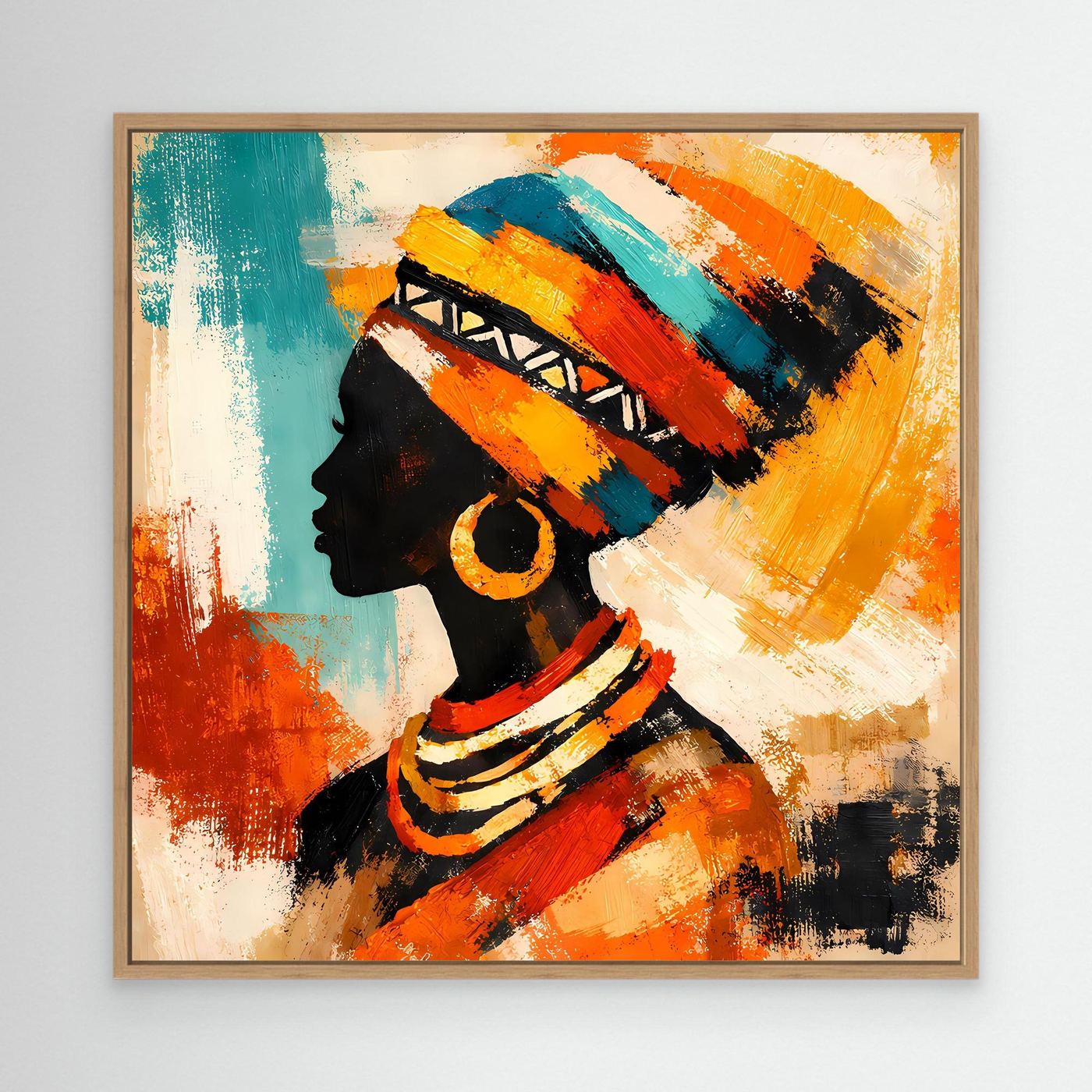 Abstract profile woman wall art in oak frame, teal and orange headwrap with red accents