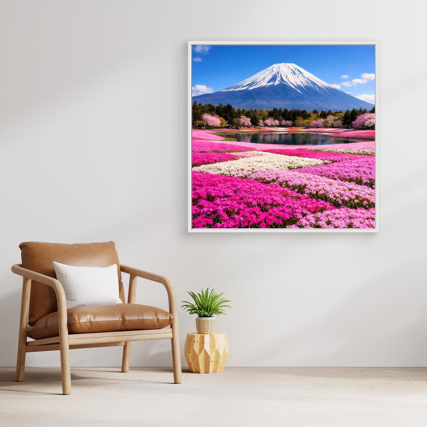 Leinwandbild: Fuji-Berg über Kirschblütenfeld und See mit rosa Blüten