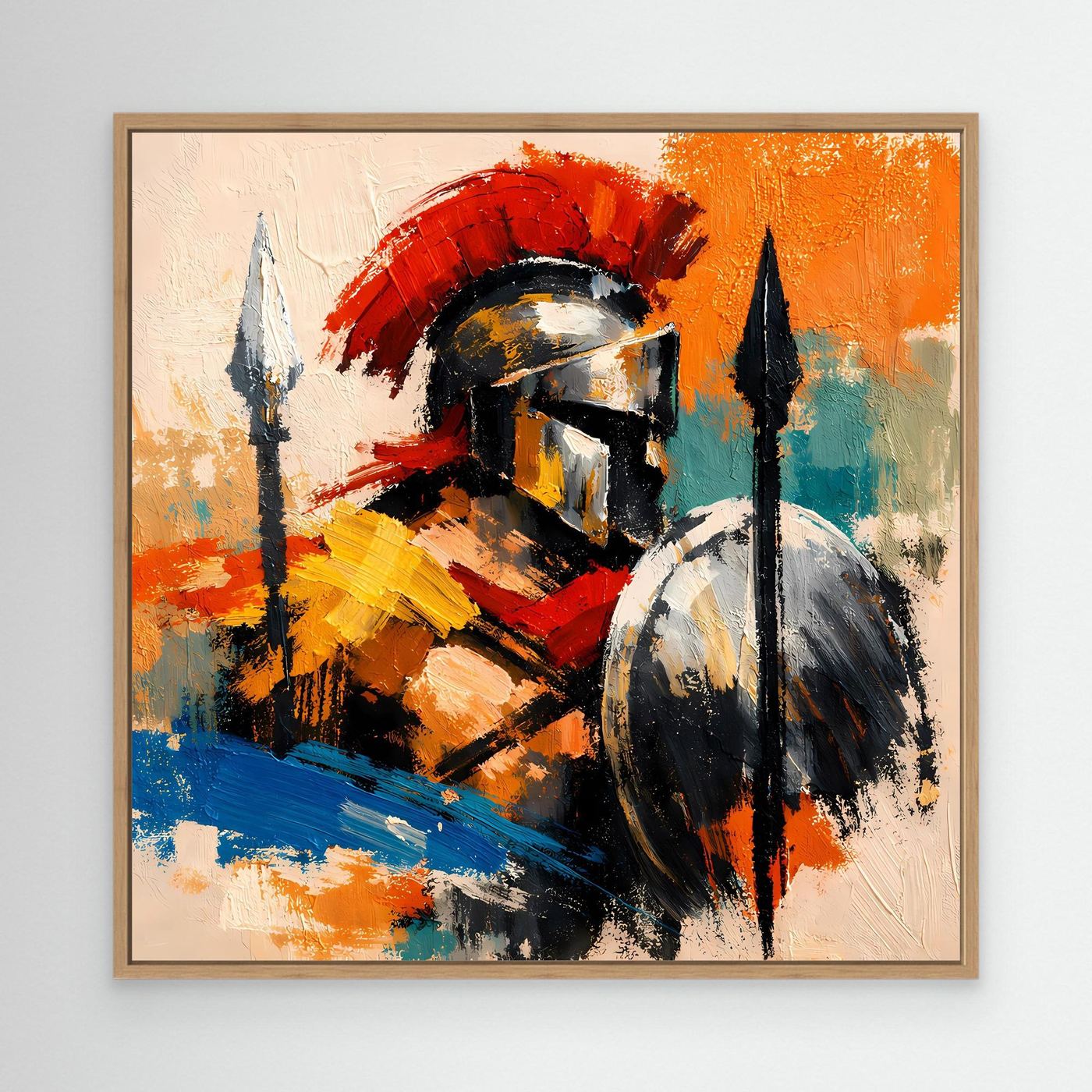 Abstract gladiator canvas wall art with helmet, shield, and spears in red, blue, orange, oak frame