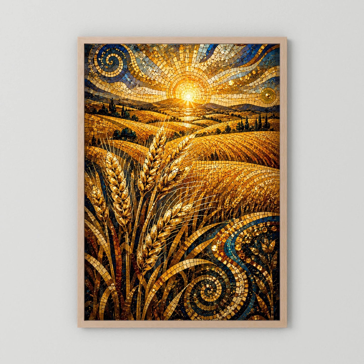 Hochformatiges Poster mit goldenen Ähren im Mosaikstil und strahlender Sonne