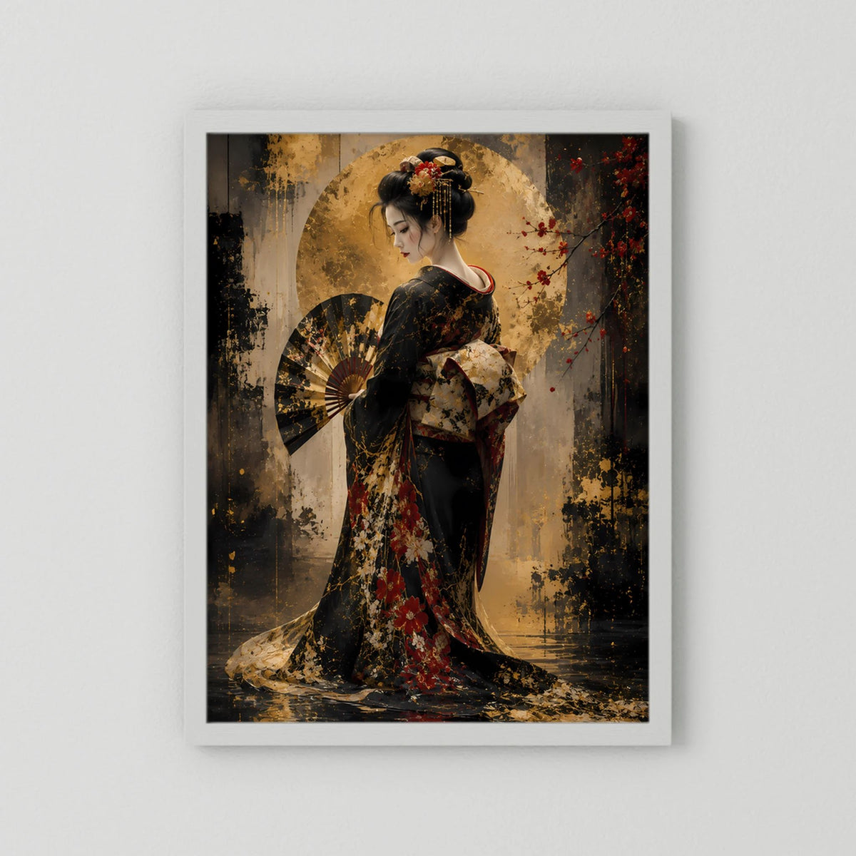 Poster mit Geisha im dunklen Kimono, Fächer und Goldakzenten, mit weißem Passepartout
