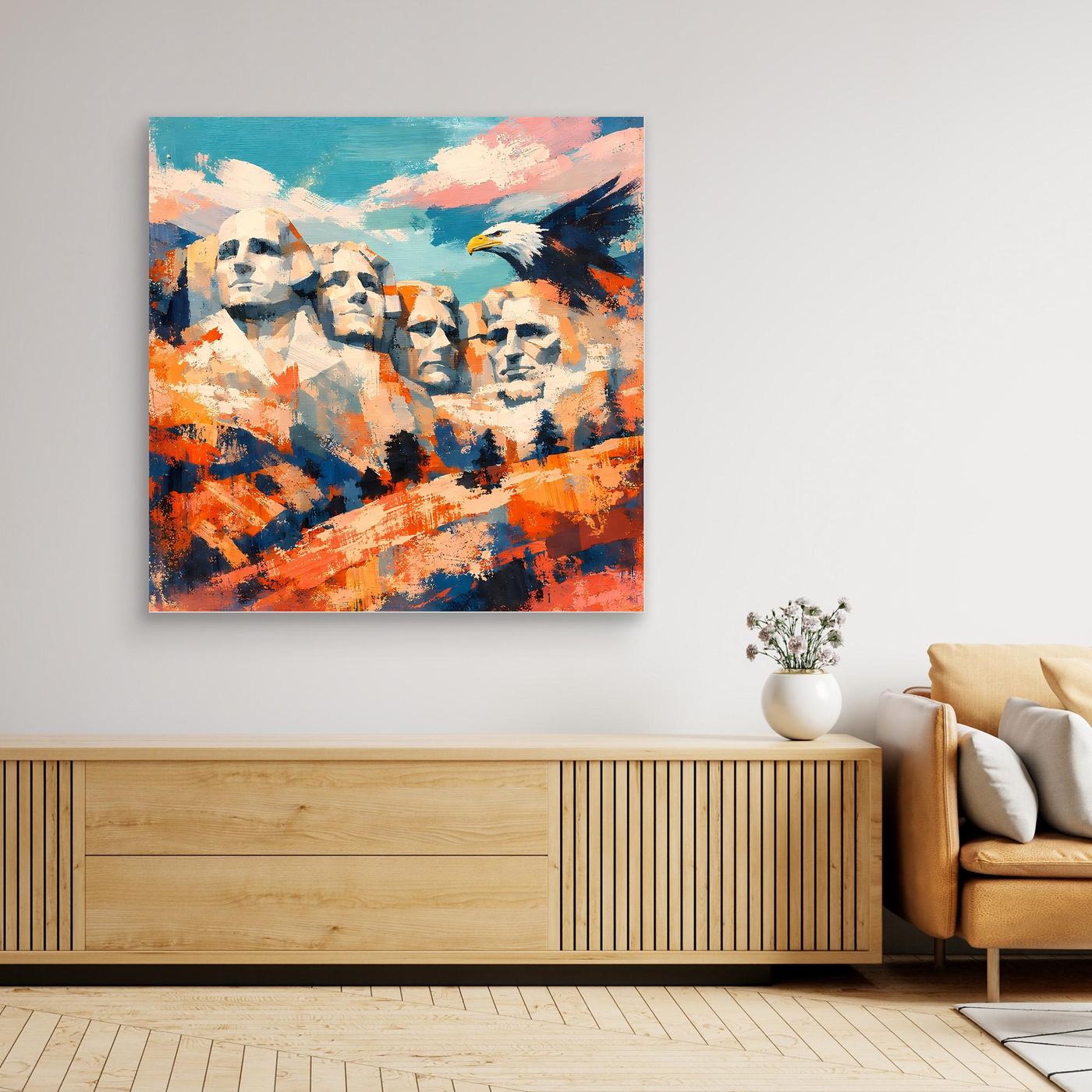 Gerahmtes Leinwand-Wandbild mit Adler und Gesichtern, abstrakt in Blau, Orange und Weiß