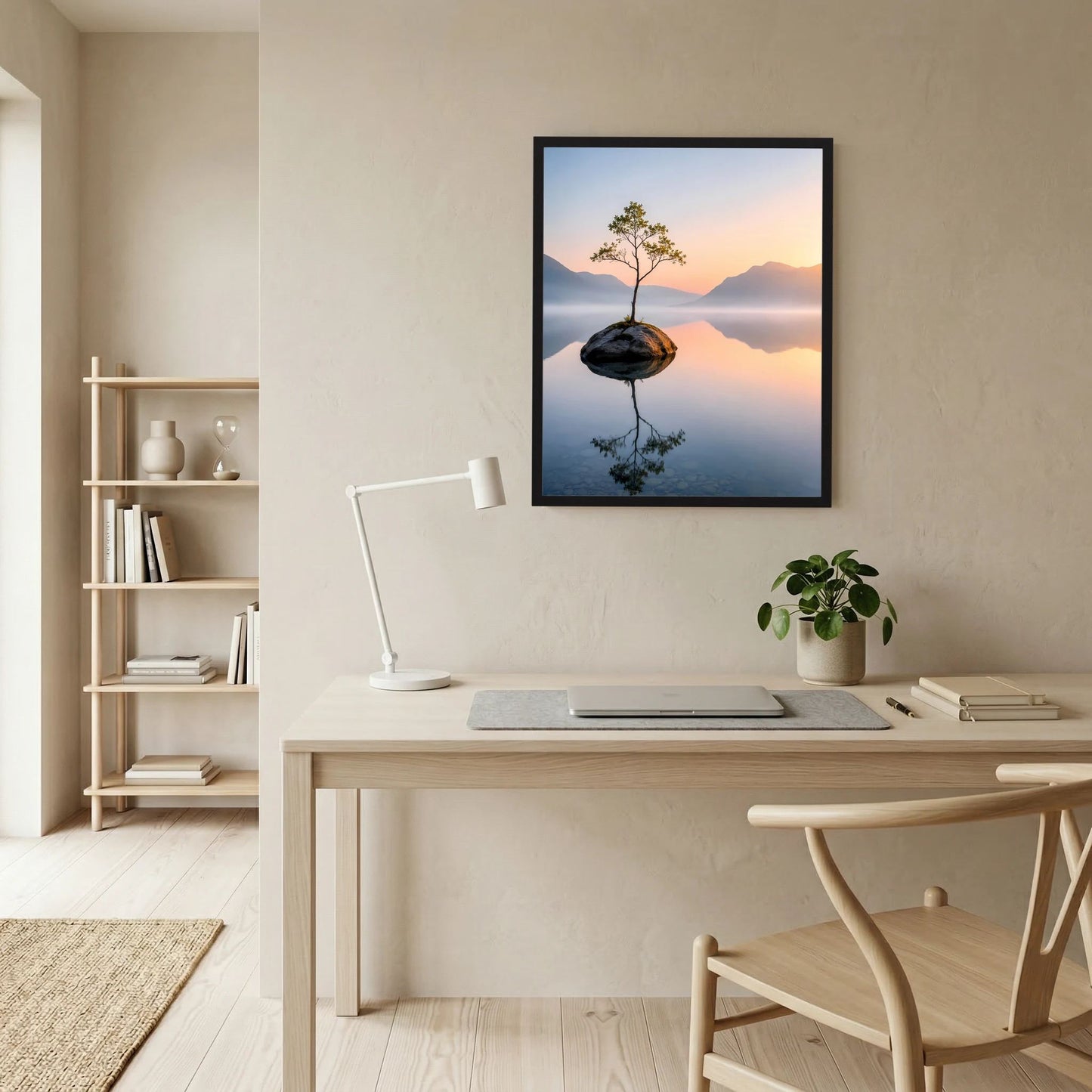 Gerahmtes Kunstposter: Baum auf Steininsel im See, warmer Sonnenaufgang mit Spiegelung.