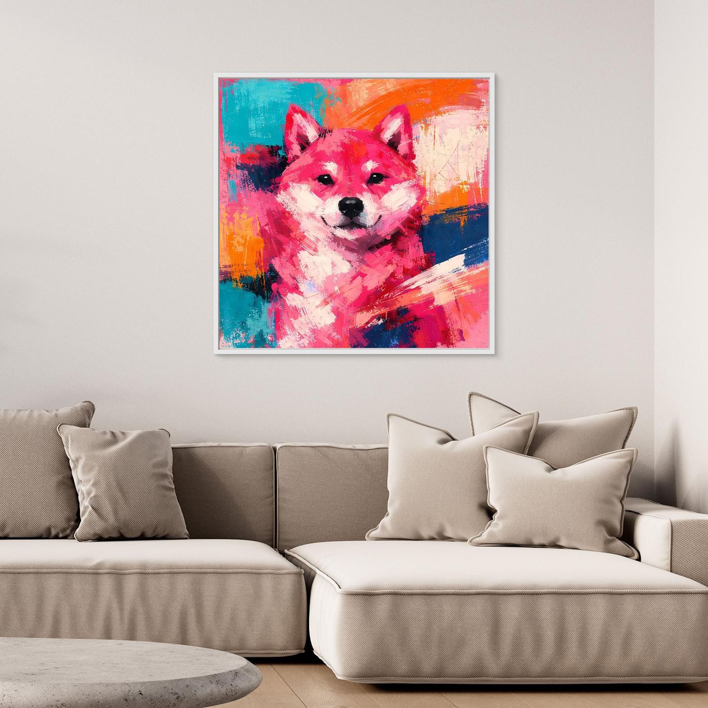 Pop-Art-Wandbild mit Shiba Inu, farbenfrohe Pinselstriche, helle Umrandung