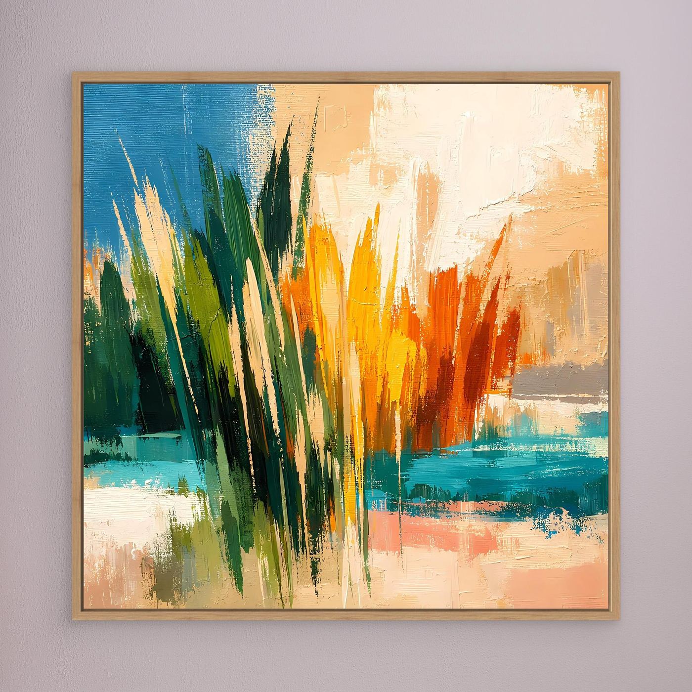 Leinwand-Wandbild mit abstraktem Schilf und See in Grün, Orange und Blau, heller Holzrahmen