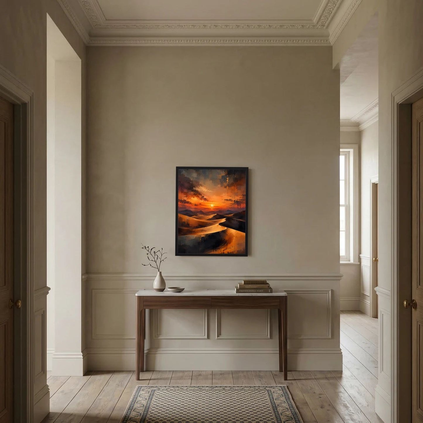 Gerahmtes Hochformat-Wandposter mit Sanddünen und orangefarbener Abendstimmung