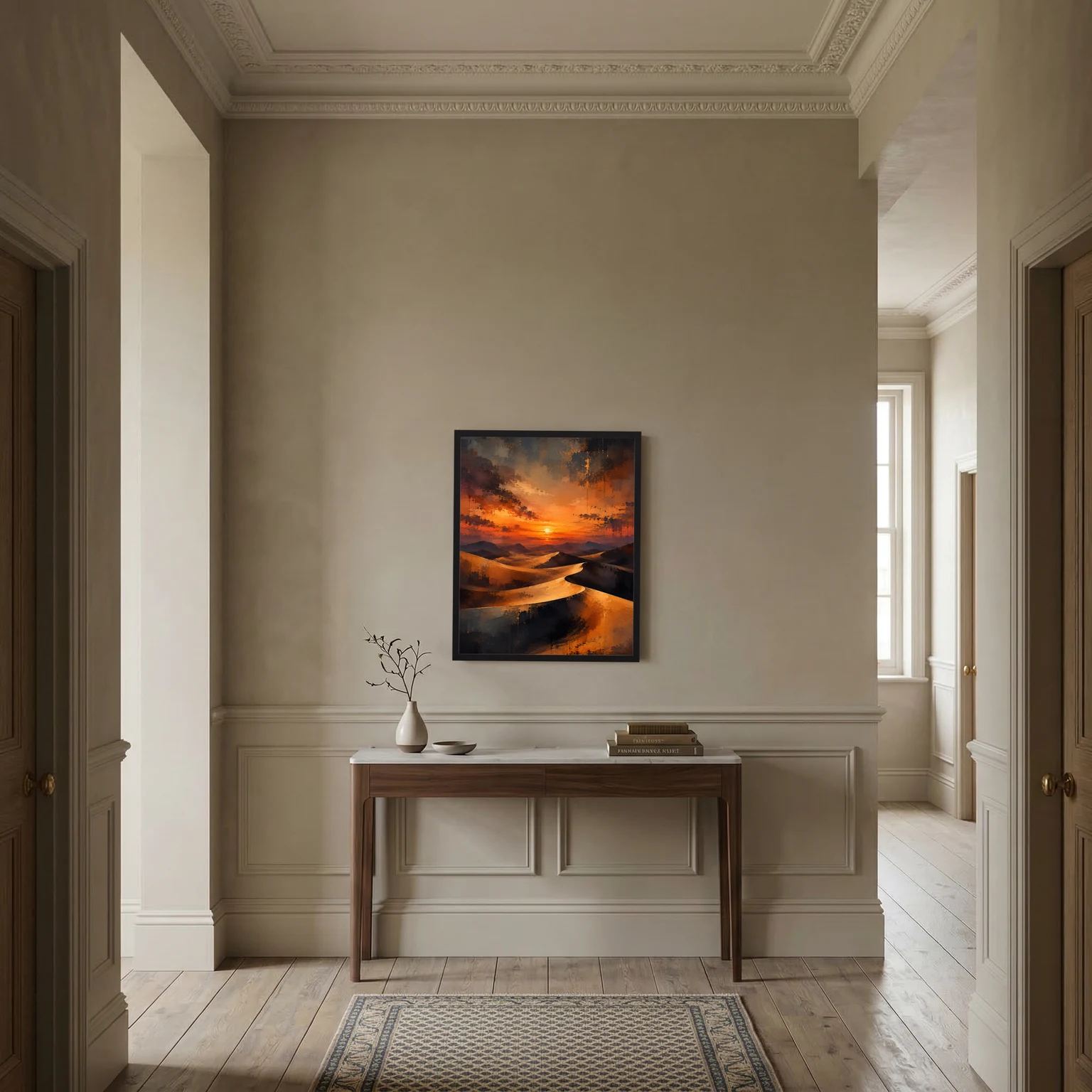 Gerahmtes Hochformat-Wandposter mit Sanddünen und orangefarbener Abendstimmung