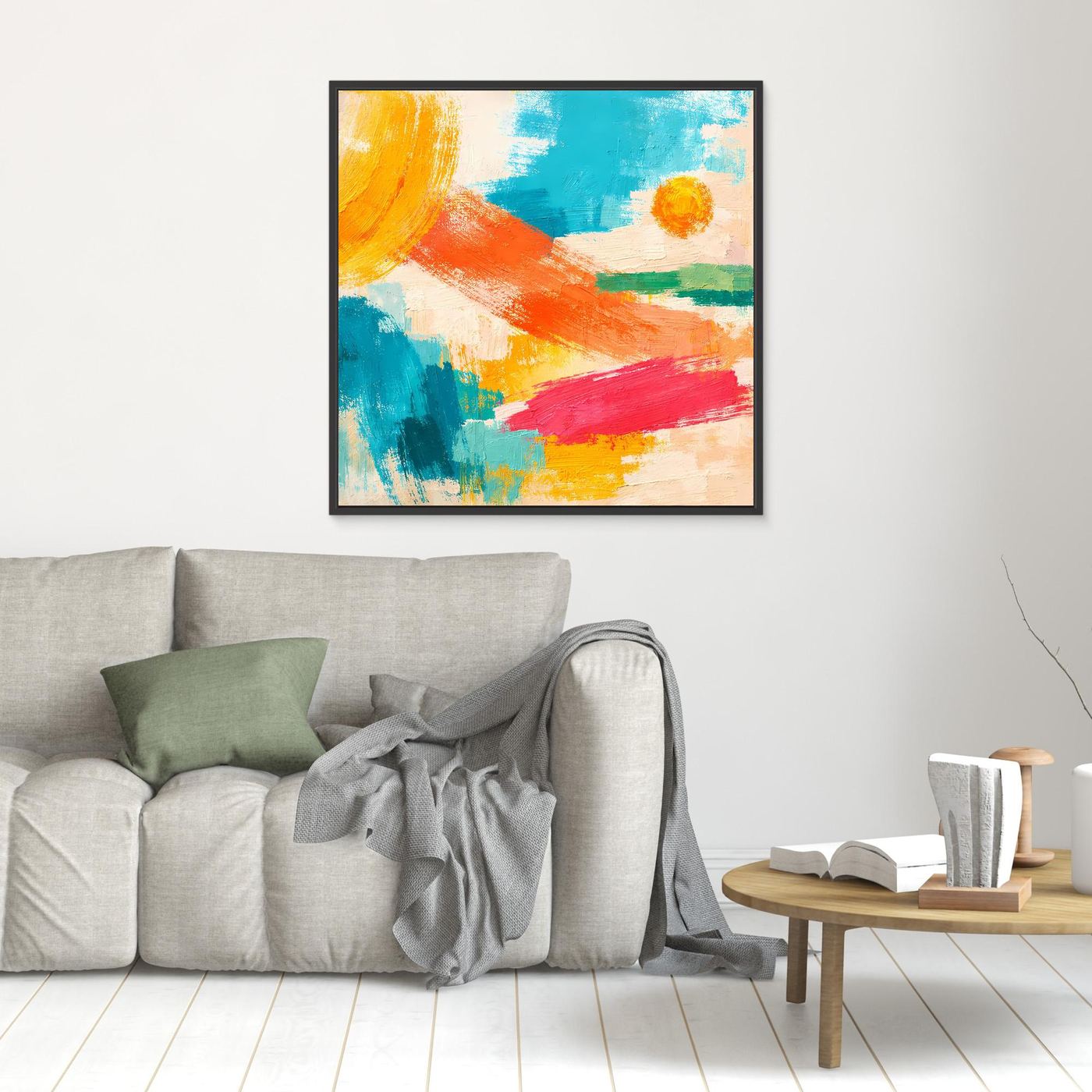 Small abstract canvas wall art with blue, orange, red and yellow brushstrokes; black frame