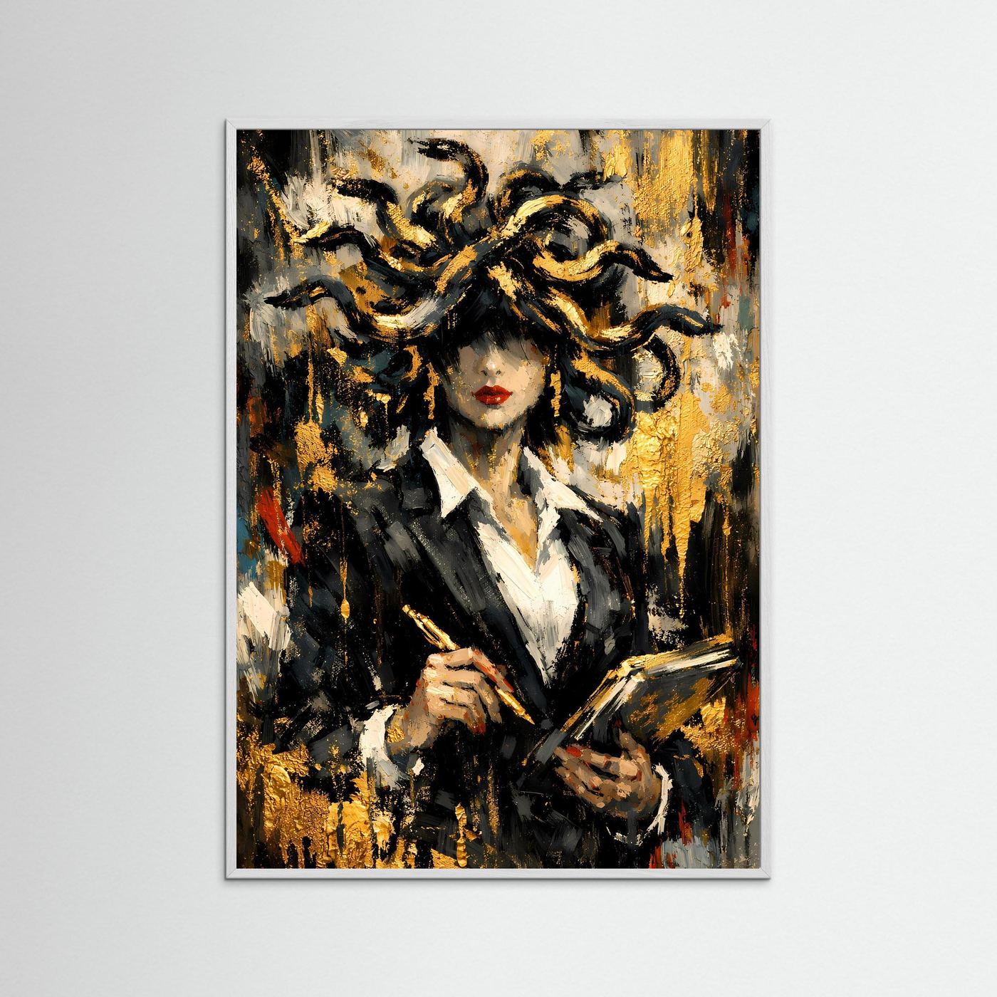 Hochformatiges Kunstposter mit Frauengestalt und gelocktem Haar, gold-schwarz, weißer Rahmen