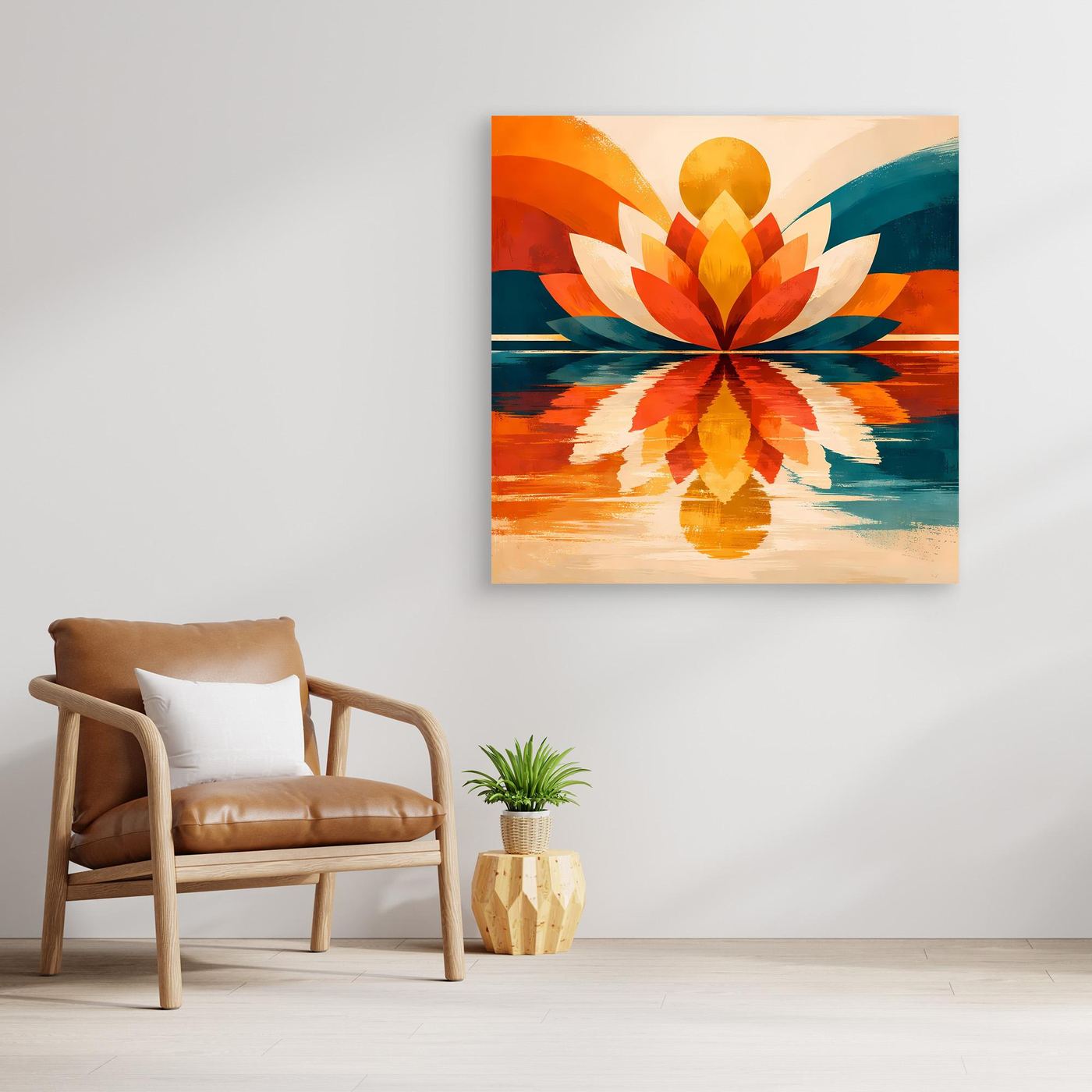 Gerahmtes Leinwandbild mit Lotus-Illustration, symmetrisch; orange, rot, türkis und weiß