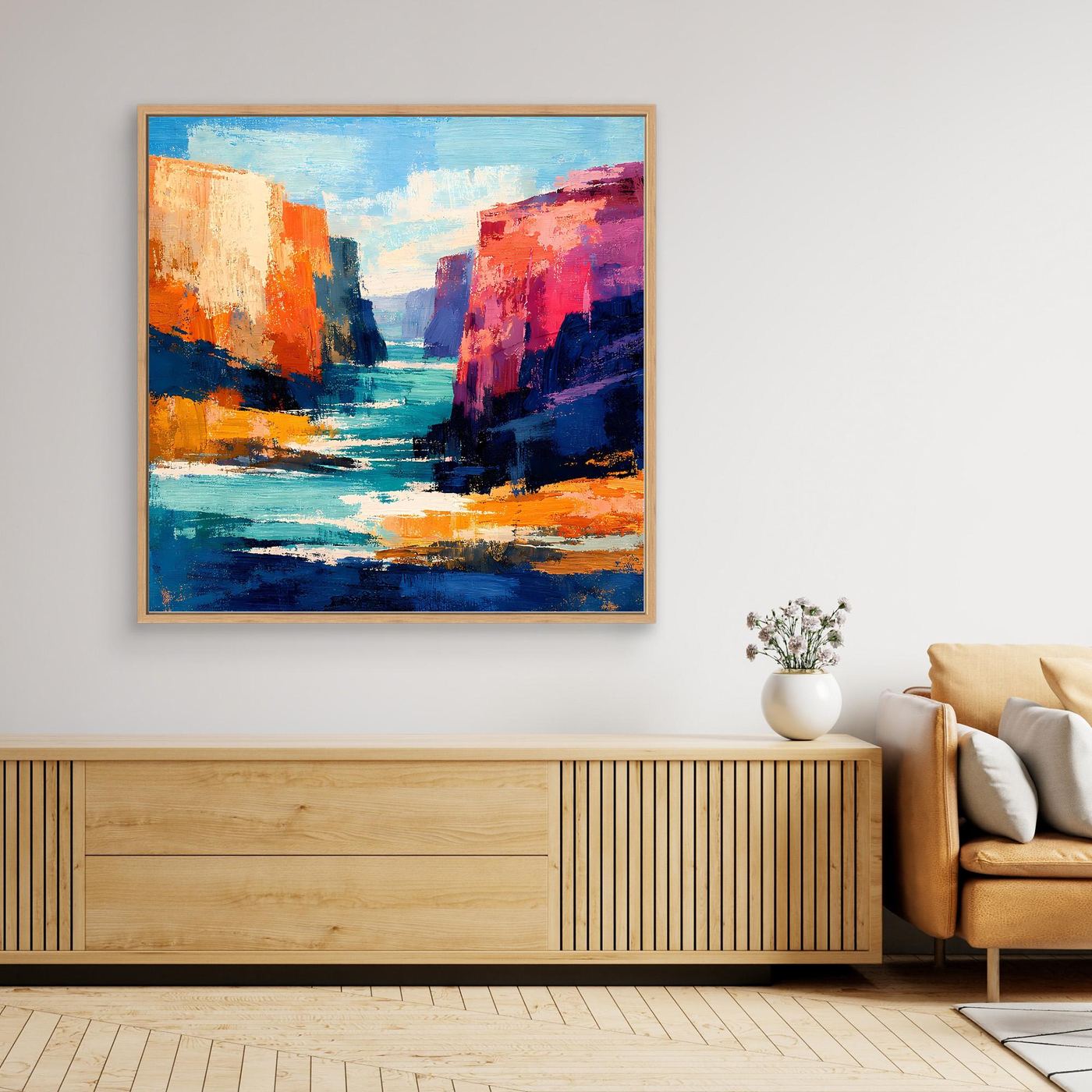 Gerahmtes abstraktes Leinwand-Wandbild mit Canyon- und Flussmotiv in Blau, Orange und kräftigem Rot