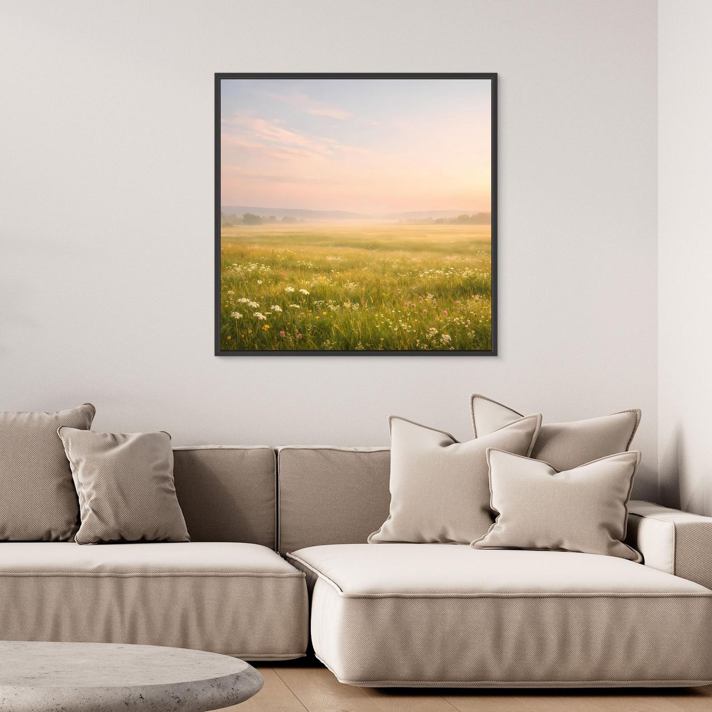 Leinwandbild Blumenwiese im Nebel mit schwarzem Rahmen