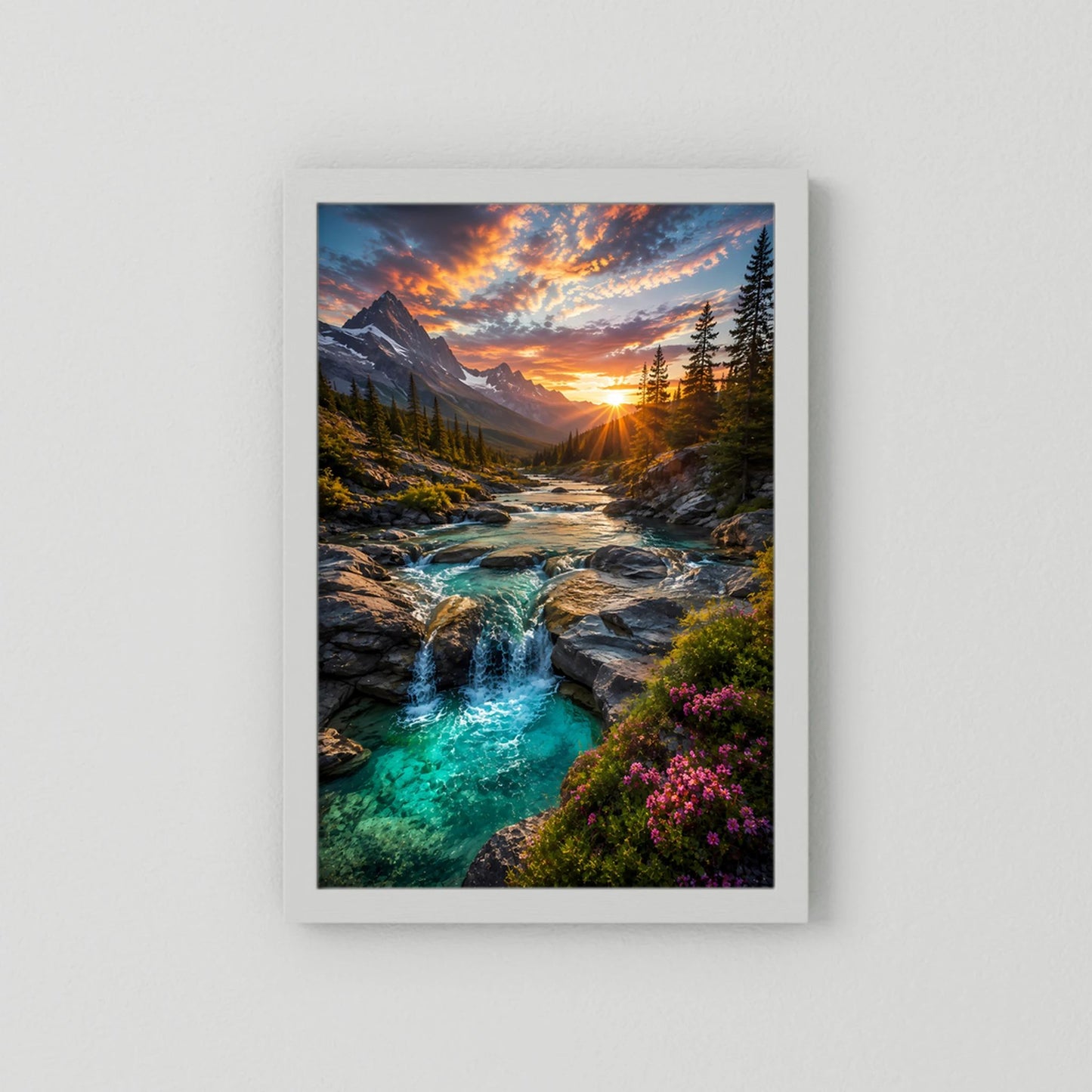 Hochformat-Poster ohne Rahmen, türkisblauer Wasserlauf im Bergtal