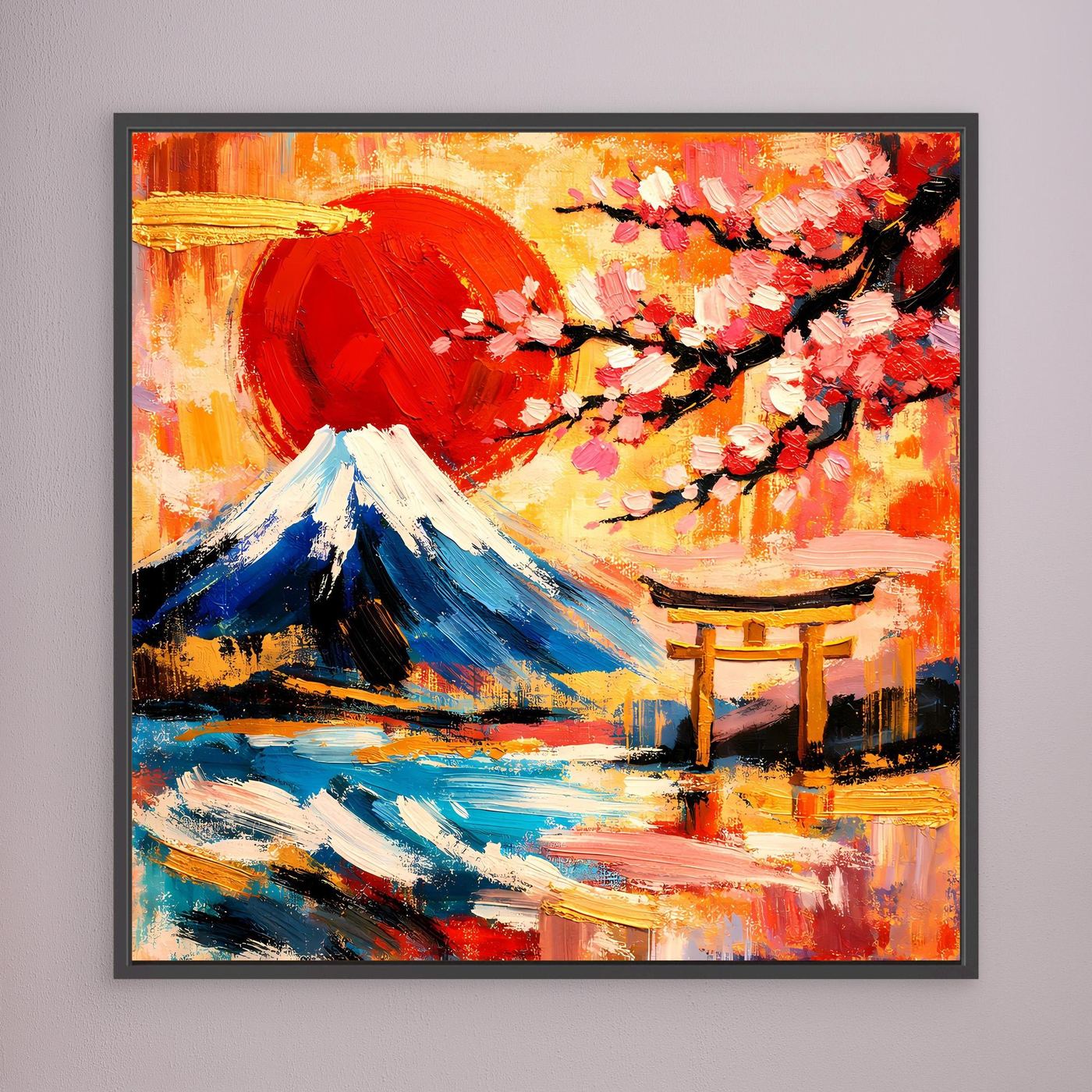 Leinwandbild mit schwarzem Rahmen: roter Fuji, Kirschblüten und Torii