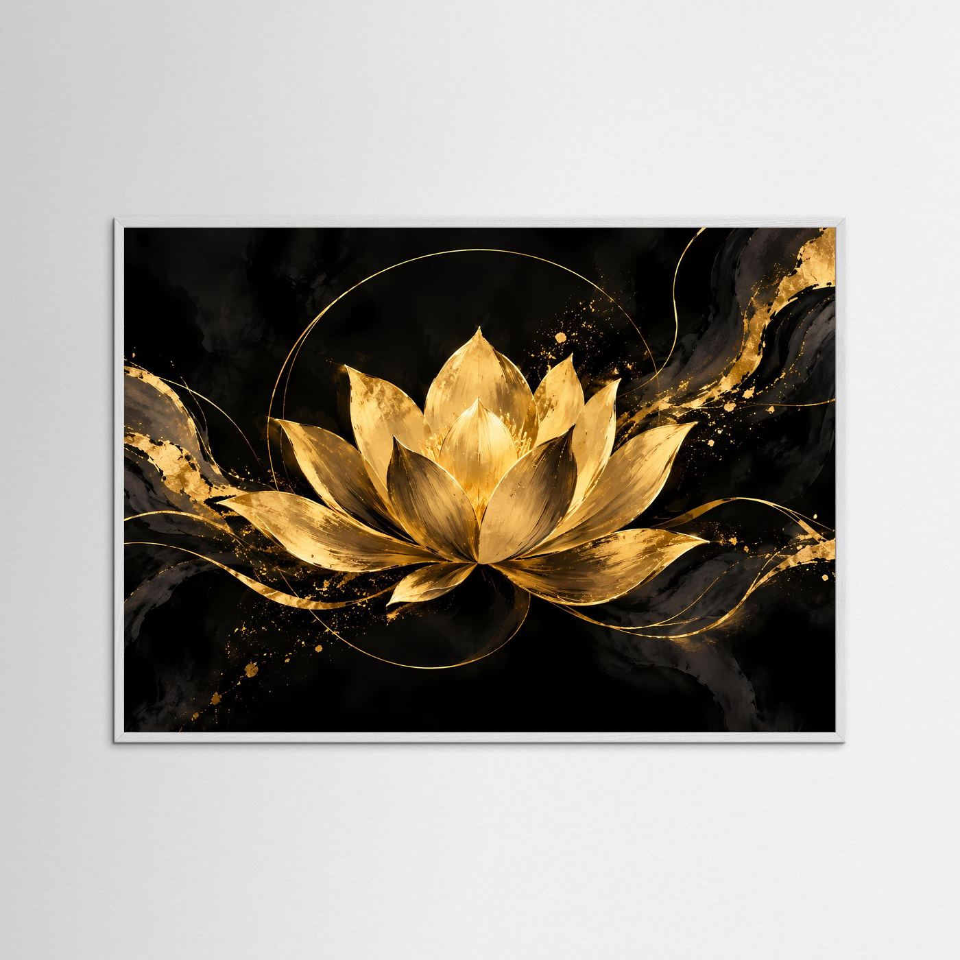 Poster im Querformat mit goldener Lotusblüte, weiße Holzrahmenumrandung