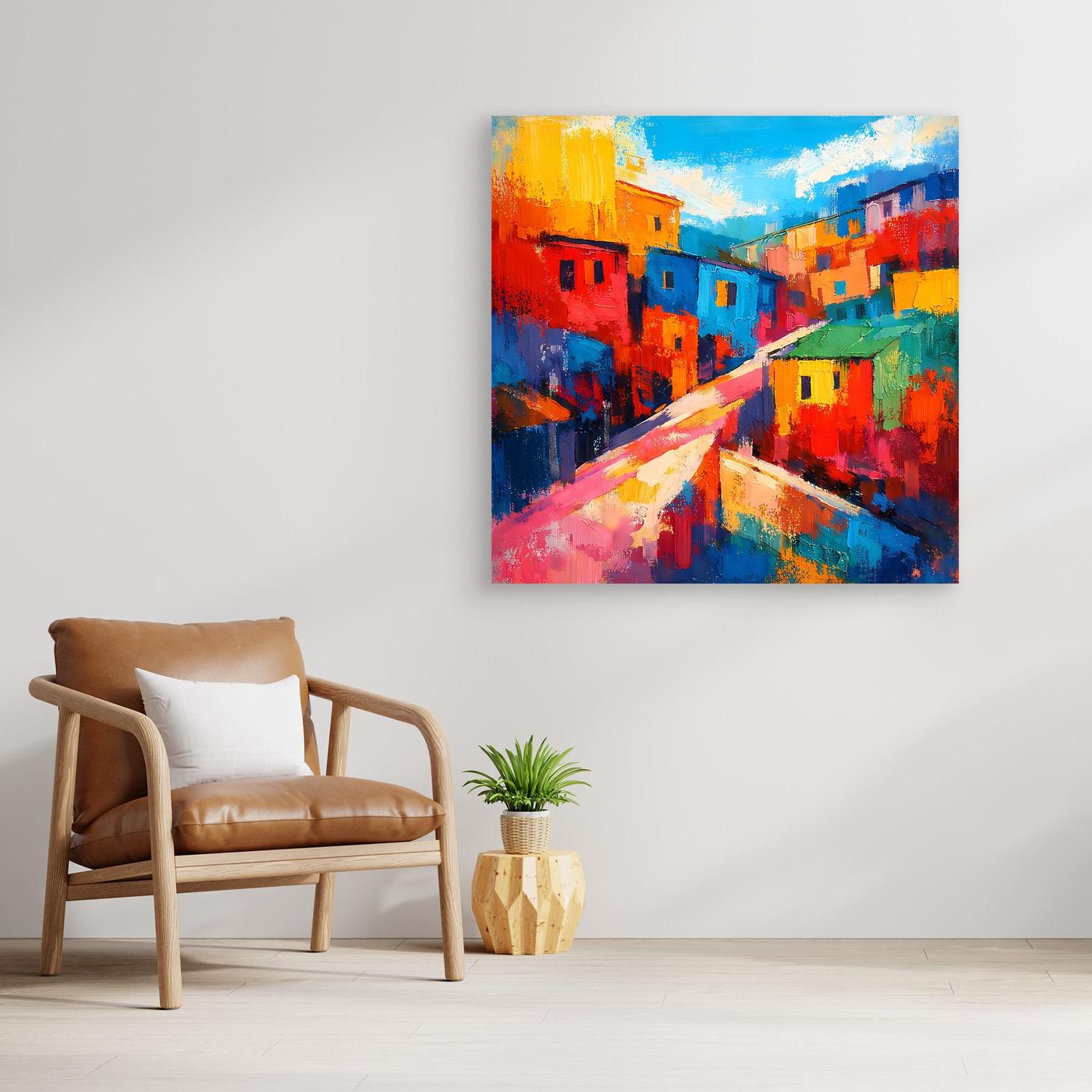 Buntes abstraktes Leinwand-Wandbild mit Häusern und Straße, ohne Rahmen