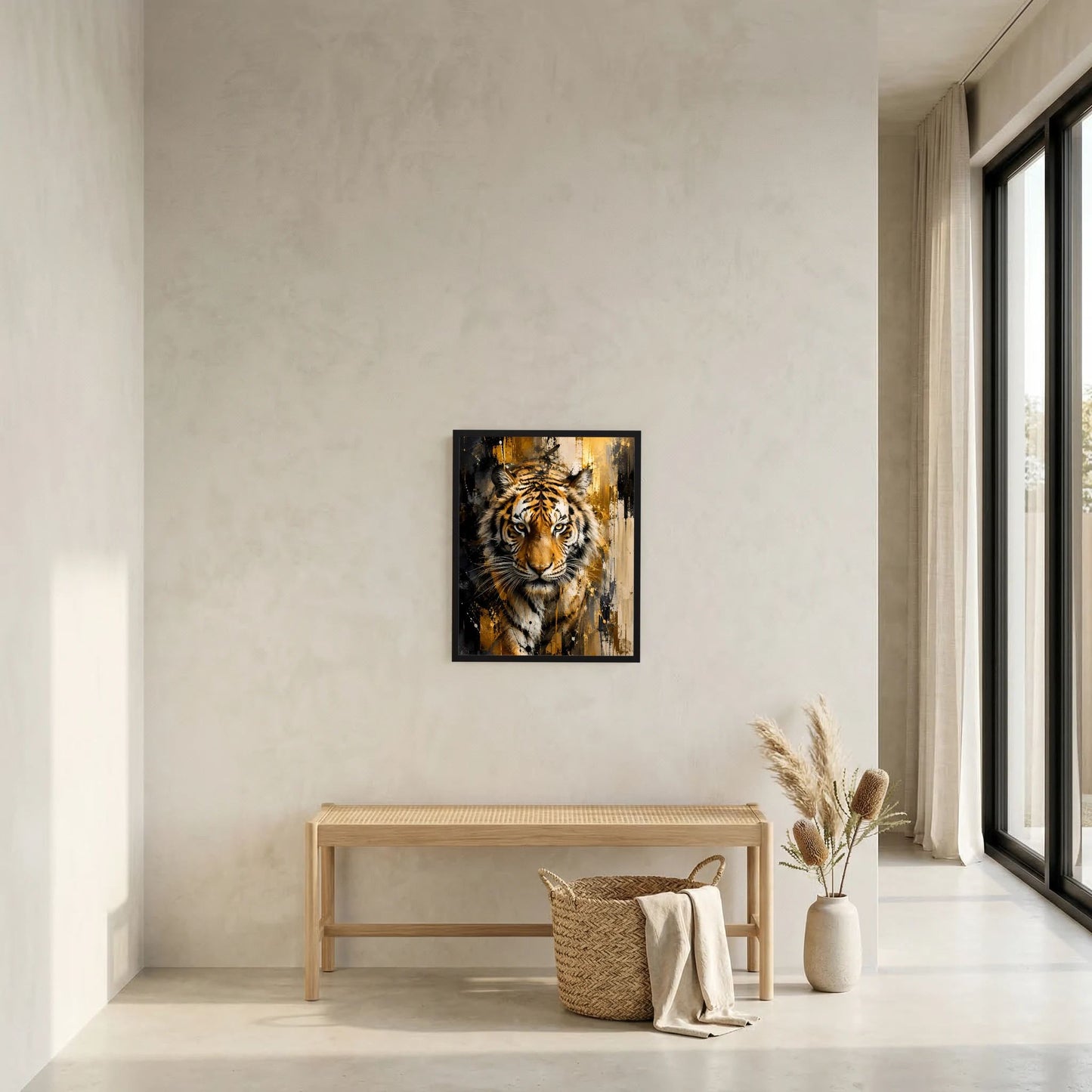Gerahmtes Kunstposter im schwarzen Rahmen, Hochformat: Tigerkopf in Gold- und Schwarztönen