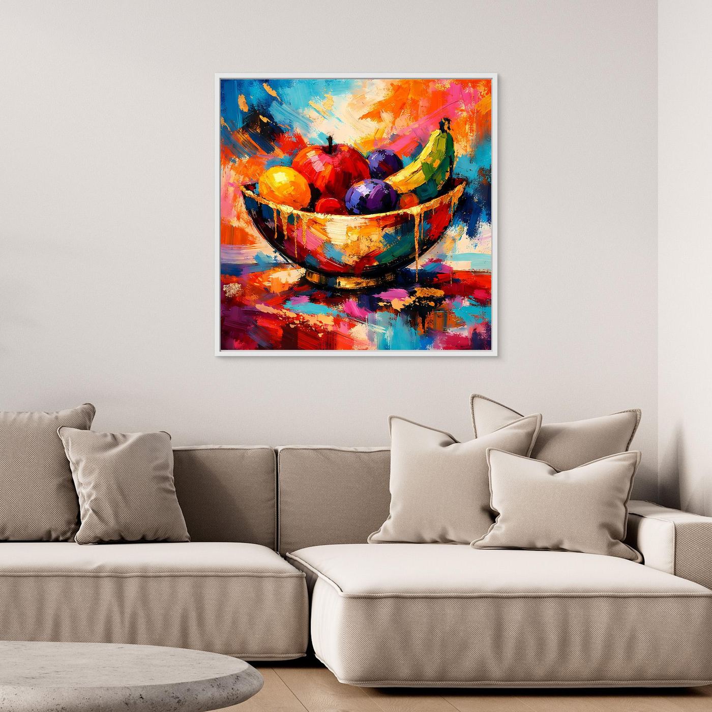 Gerahmtes quadratisches Leinwandbild: Obstschale mit bunten Früchten im abstrakten Stil