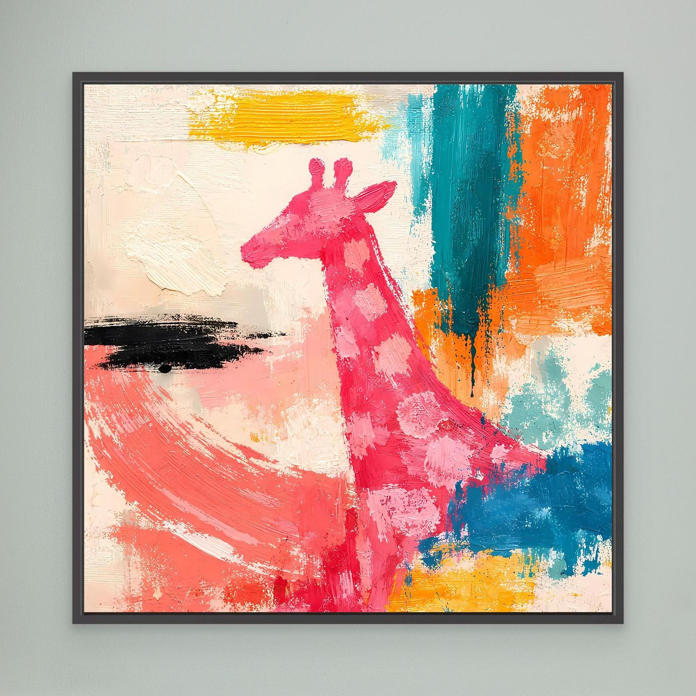 Leinwandbild mit abstrakter Pink-Giraffe und bunten Farbfeldern, schwarz gerahmt