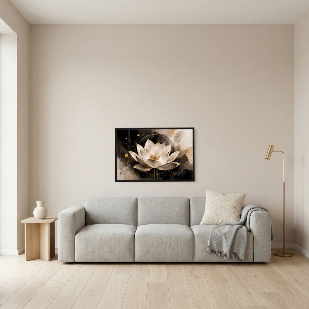 Kleinformatiges Rahmenposter mit abstrakter Lotusblüte in Schwarz-Gold-Weiß