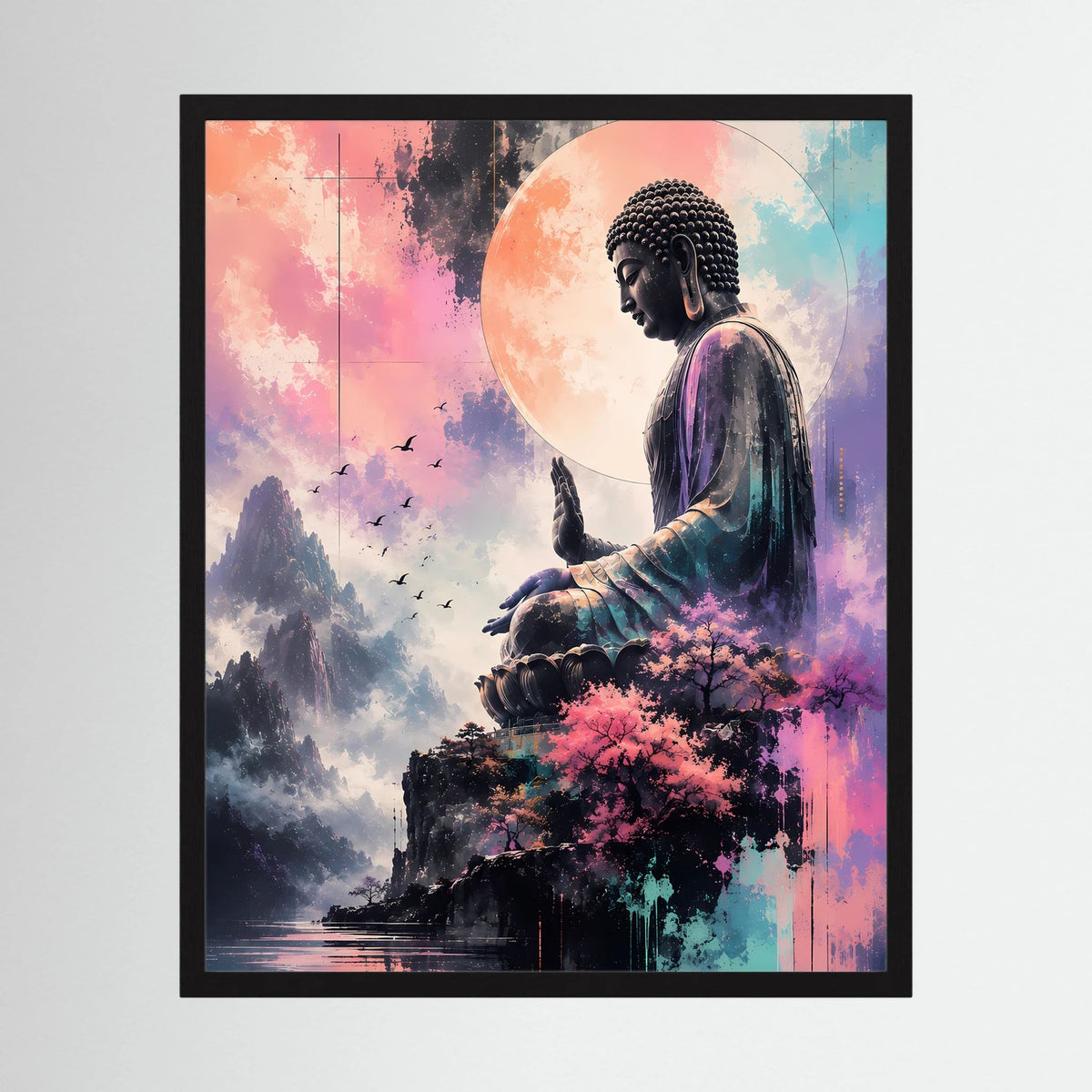 Gerahmtes Poster mit sitzendem Buddha, Berge und Kirschblüten im Pastell, schwarzer Rahmen