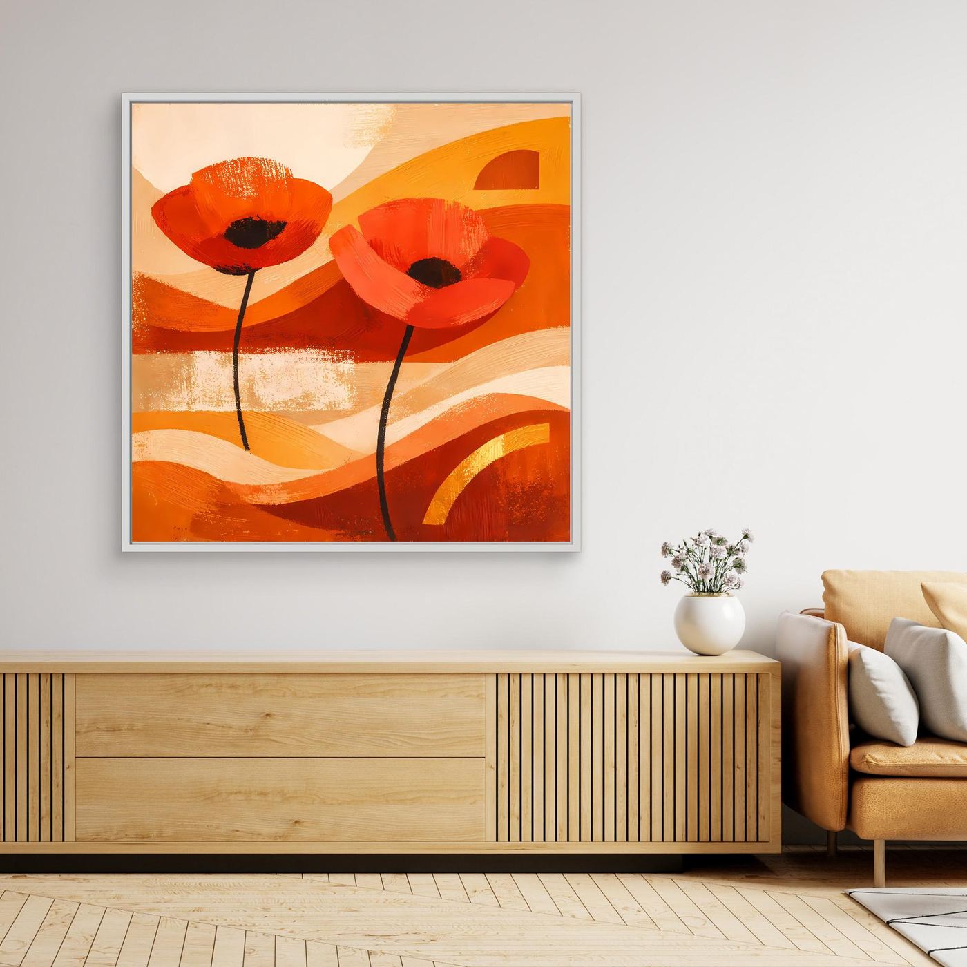 Leinwandbild mit abstrakten orange Mohnblumen, weiß gerahmt