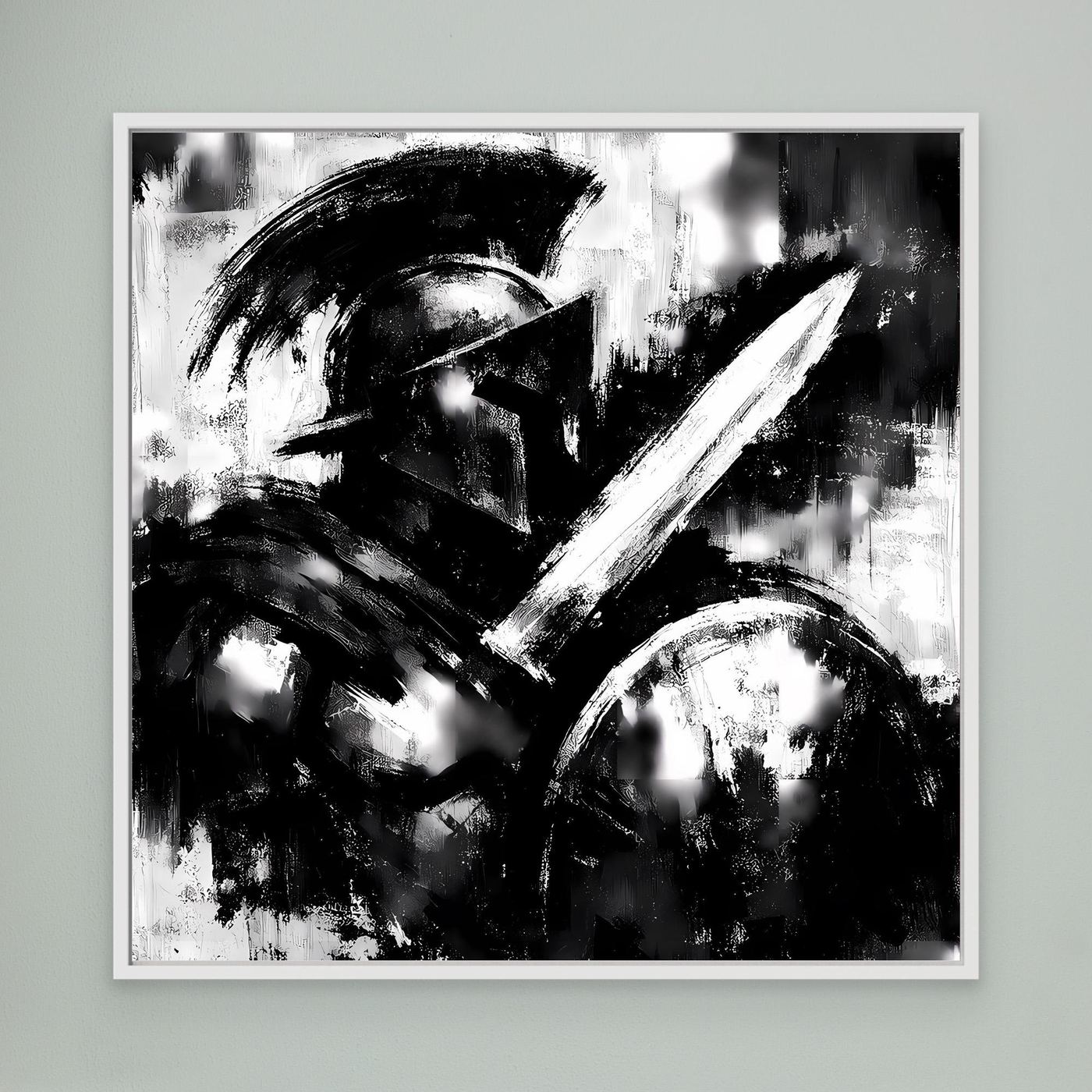 Abstraktes Wandbild Schwarzweiß mit Pinselstrichen, weißer Rahmen