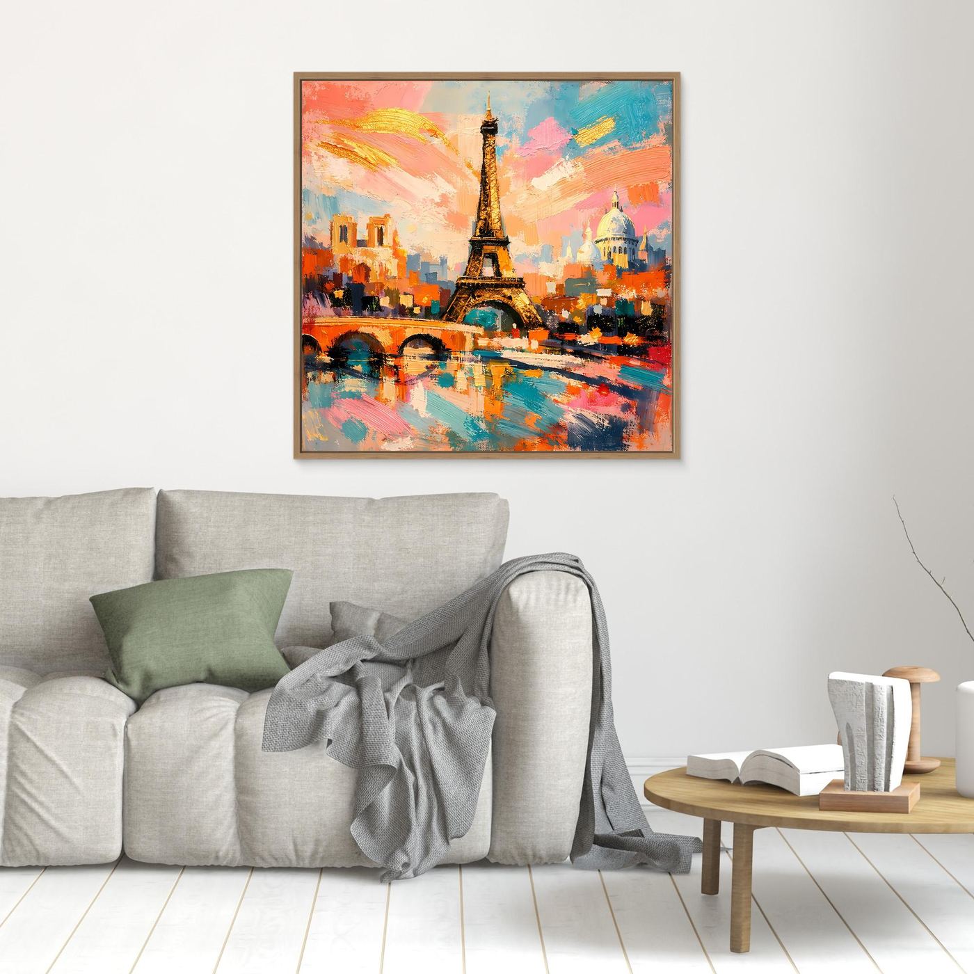 Kleines Leinwandbild mit Eiffelturm-Motiv und farbiger Pinselmalerei, eichenfarbener Rahmen