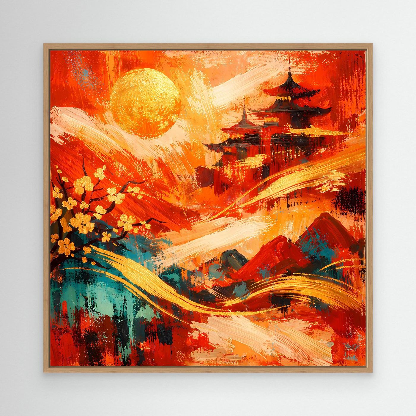 Abstraktes Leinwandbild mit Pagode, Sonne und Blüten in Rot, im hellen Holzrahmen