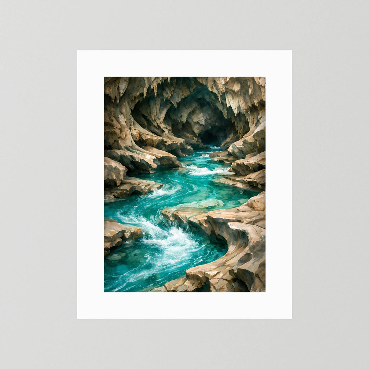 Kunstposter im Hochformat mit weißer Passepartout: Felsenhöhle mit türkisfarbenem Fluss