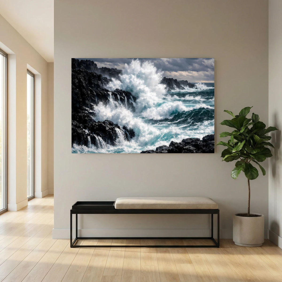 Querformat-Wandbild mit Meerbrandung und Felsen auf Steinküste, kräftiger Himmel