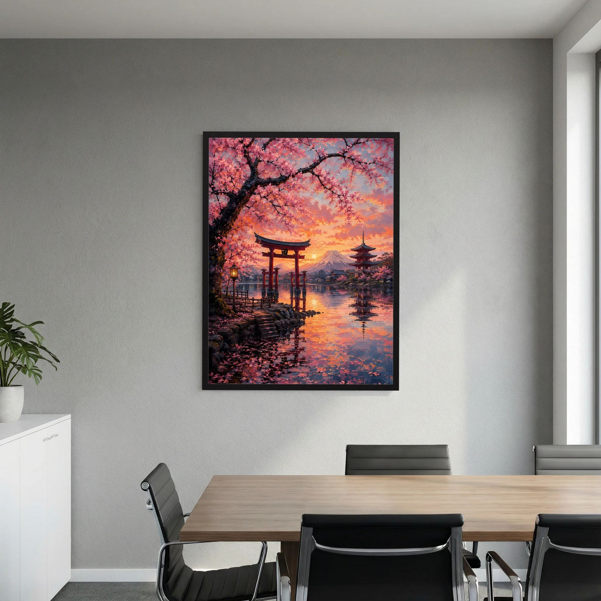 Japanisches Hochformat-Poster mit Torii, Kirschblüten und Fuji im Sonnenuntergang, schwarzer Rahmen.