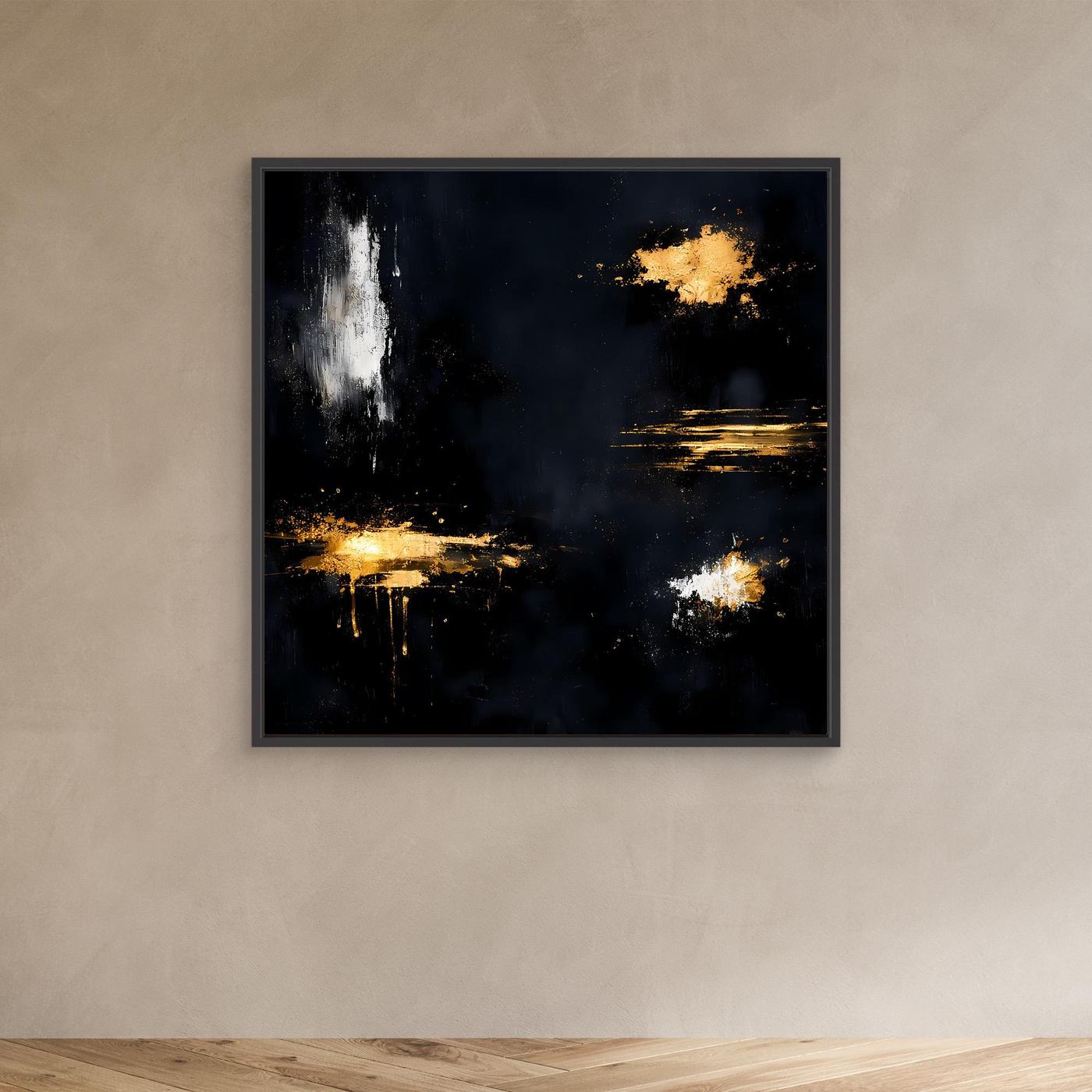 Leinwand Goldene Lichtakzente auf Schwarz | Modernes Abstraktes Minimalismus Wandbild