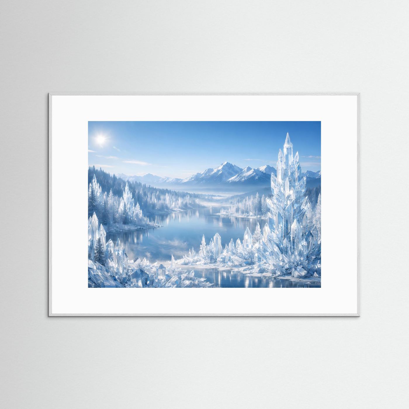 Winterlandschafts-Poster mit grauem Rahmen und eisigem Bergpanorama