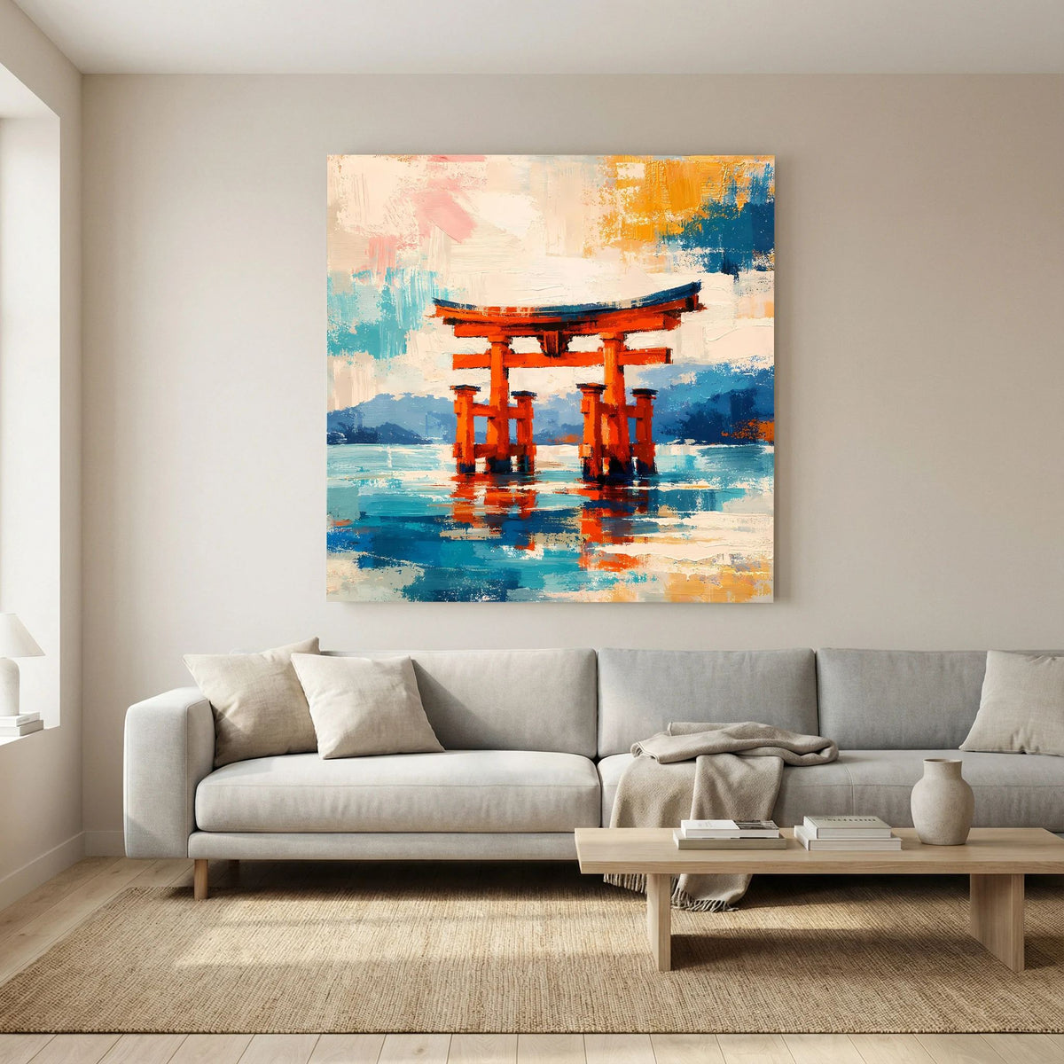 Leinwandbild quadratisch: Torii-Tor in Orange über blauem Meer, abstrakte Farbflächen, Holzkeilrahmen