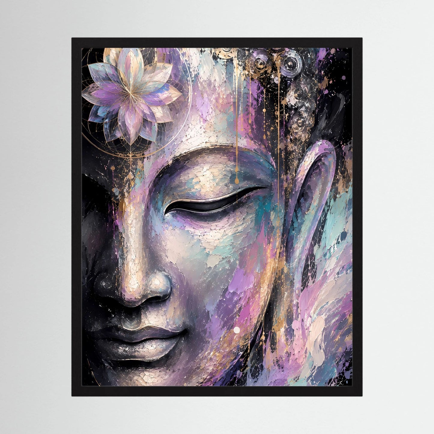 Gerahmtes Kunstposter: Buddha-Gesicht abstrakt in Violett, Türkis und Creme, mit Lotus