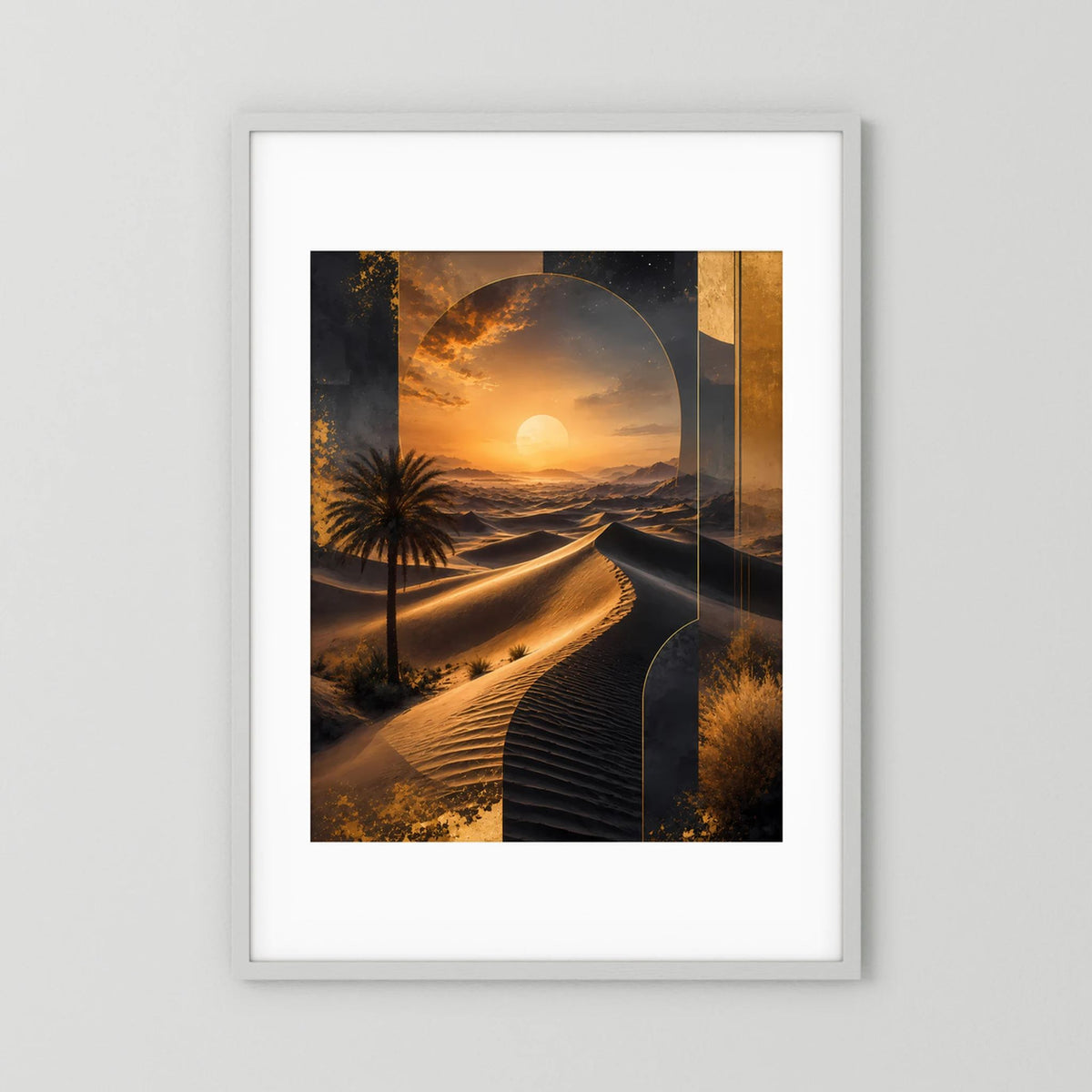 Poster mit weißem Rahmen und weißer Umrandung, abstrakte Dünenlandschaft in Gold und Dunkel