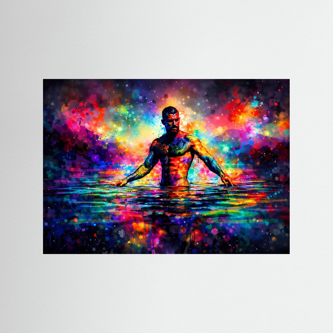Abstraktes Poster im Querformat mit Neonfigur im Wasser und buntem Farbspritzer-Motiv