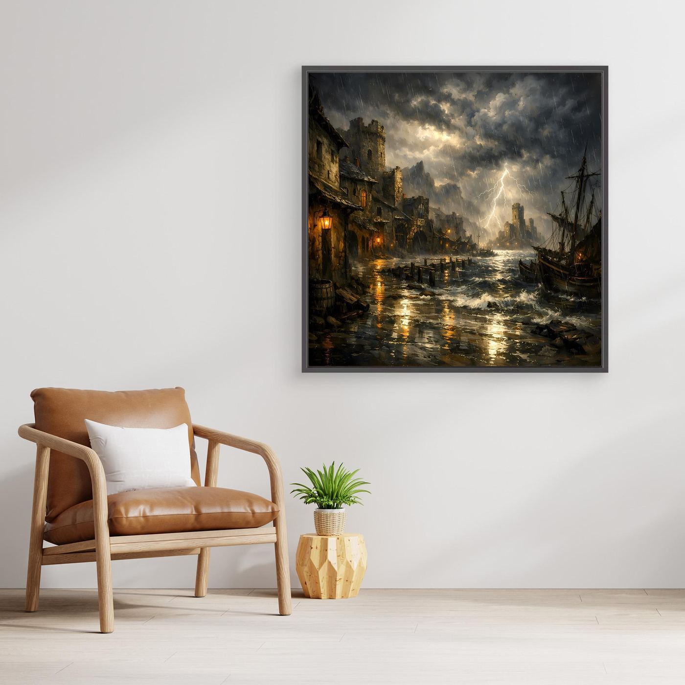 Leinwandbild mit dunklem Rahmen: Sturm am Hafen, Blitzlicht im Gewitterhimmel und auf dem Wasser.