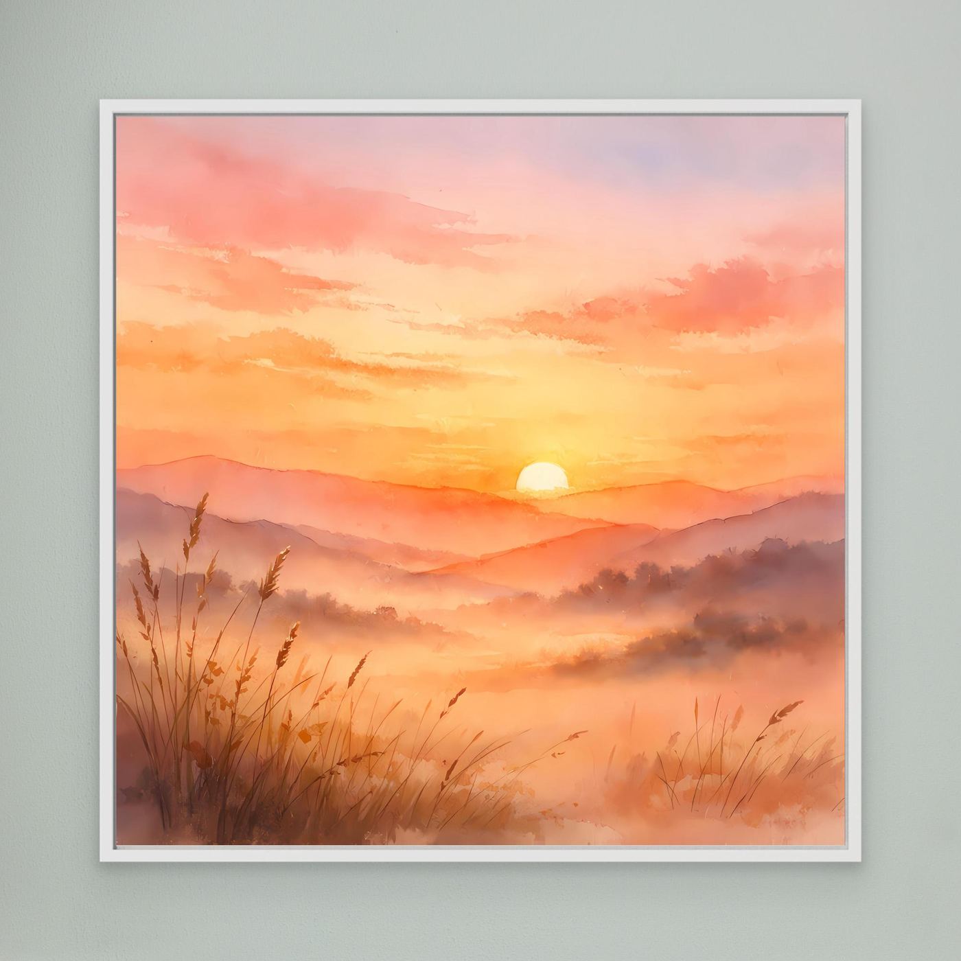 Leinwandbild Sonnenuntergang in den Bergen mit weißem Rahmen