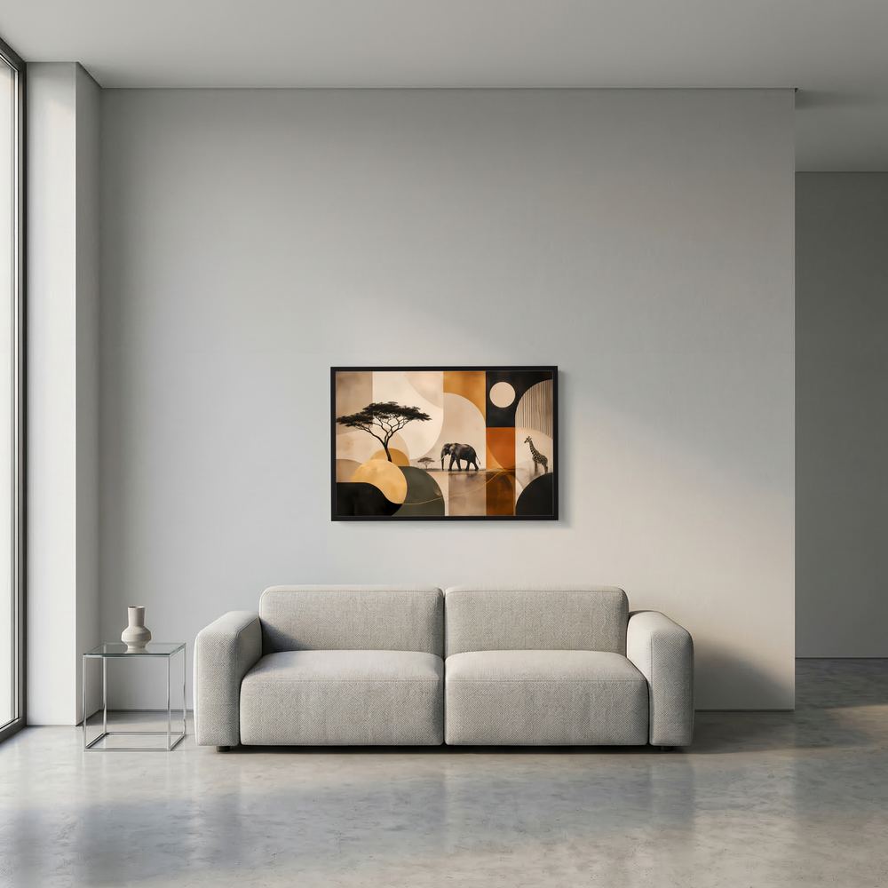 Wandposter im schwarzen Rahmen mit Elefant- und Giraffensilhouetten in abstrakten Afrikaformen