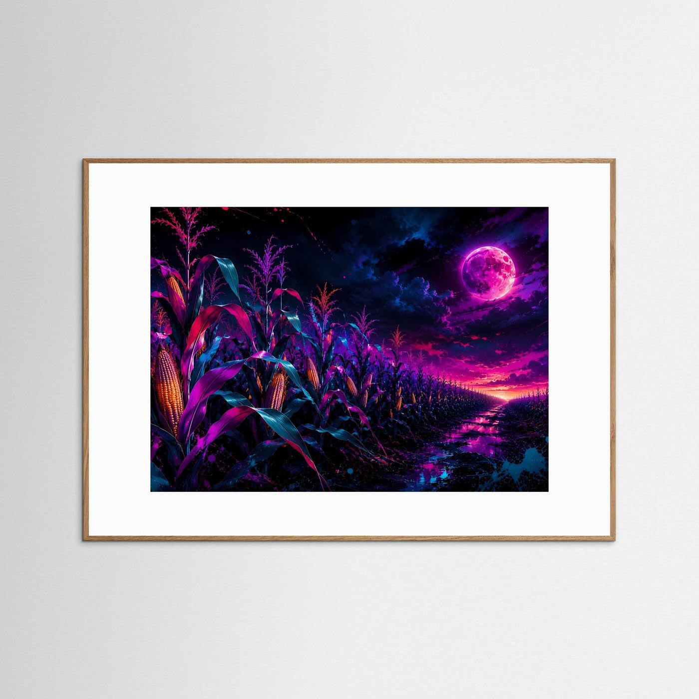 Neon-Maisfeld bei Vollmond | Mystische Fantasy-Landschaft in Pink, Lila & Blau