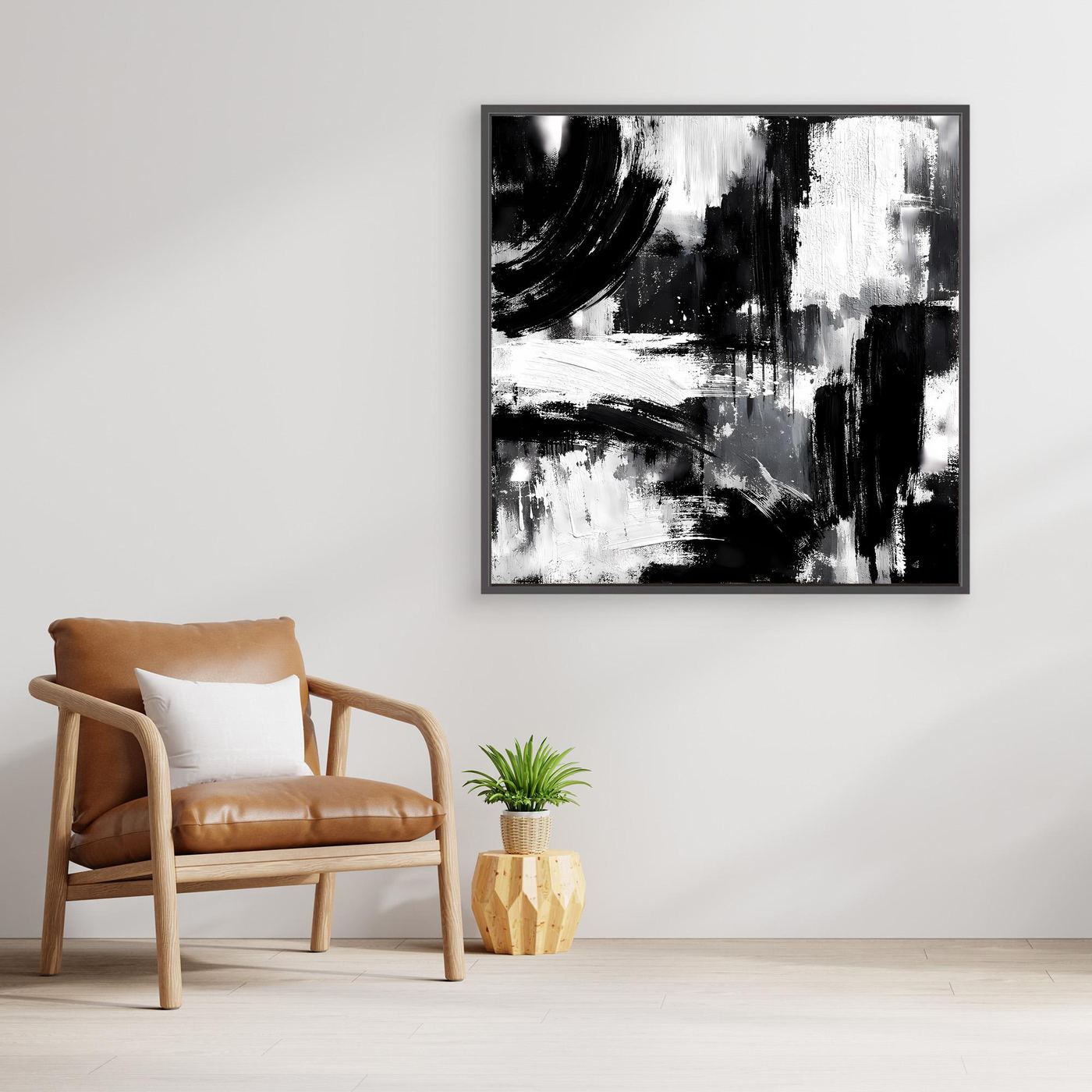 Square black-and-white abstract canvas painting in black frame