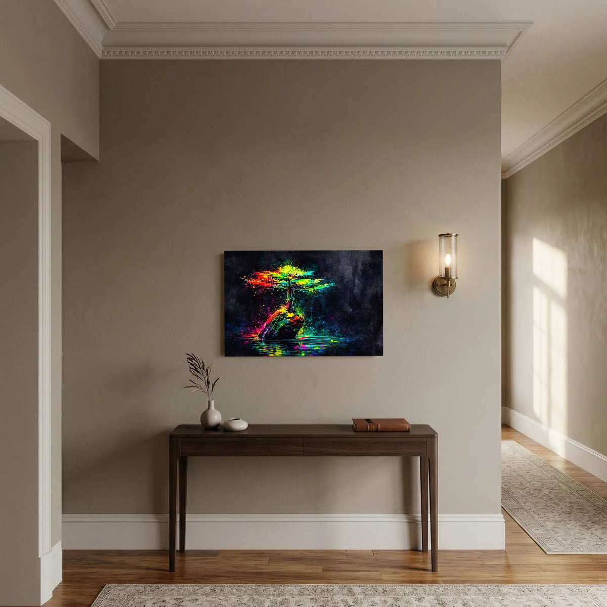 Wandbild Querformat: abstrakter Lebensbaum mit Neonfarben auf dunklem Hintergrund