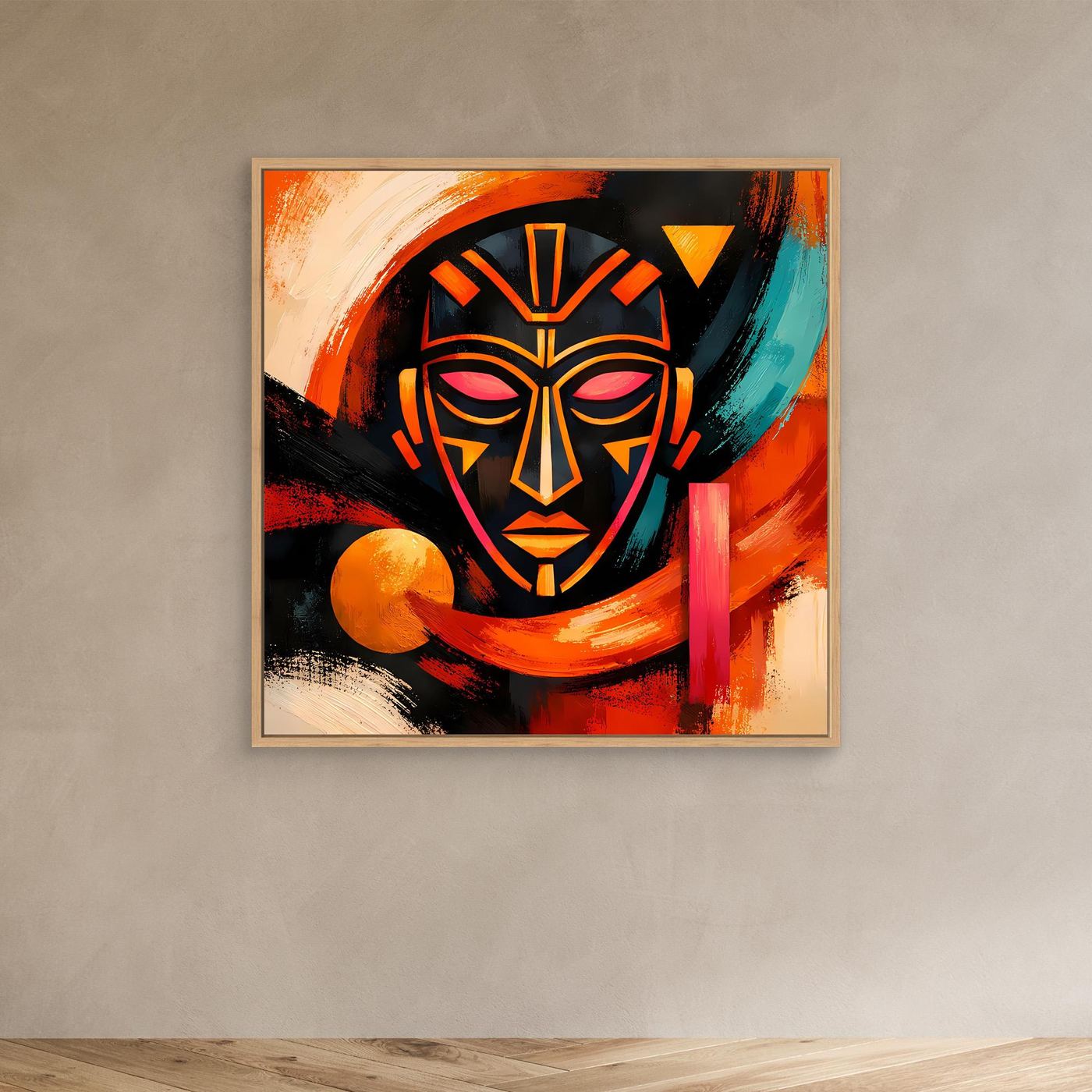 Leinwandbild mit abstrakter Maske, Eichenholzrahmen, orangefarbener Halbkreis und Türkis