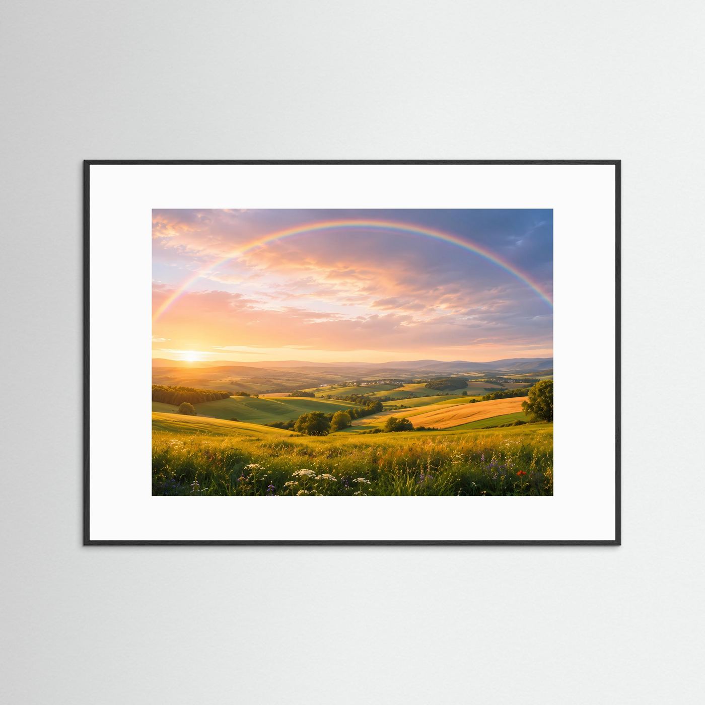 Querformat-Poster mit Regenbogen über grünen Wiesen bei Sonnenuntergang, schwarzer Rahmen und weißes Passepartout