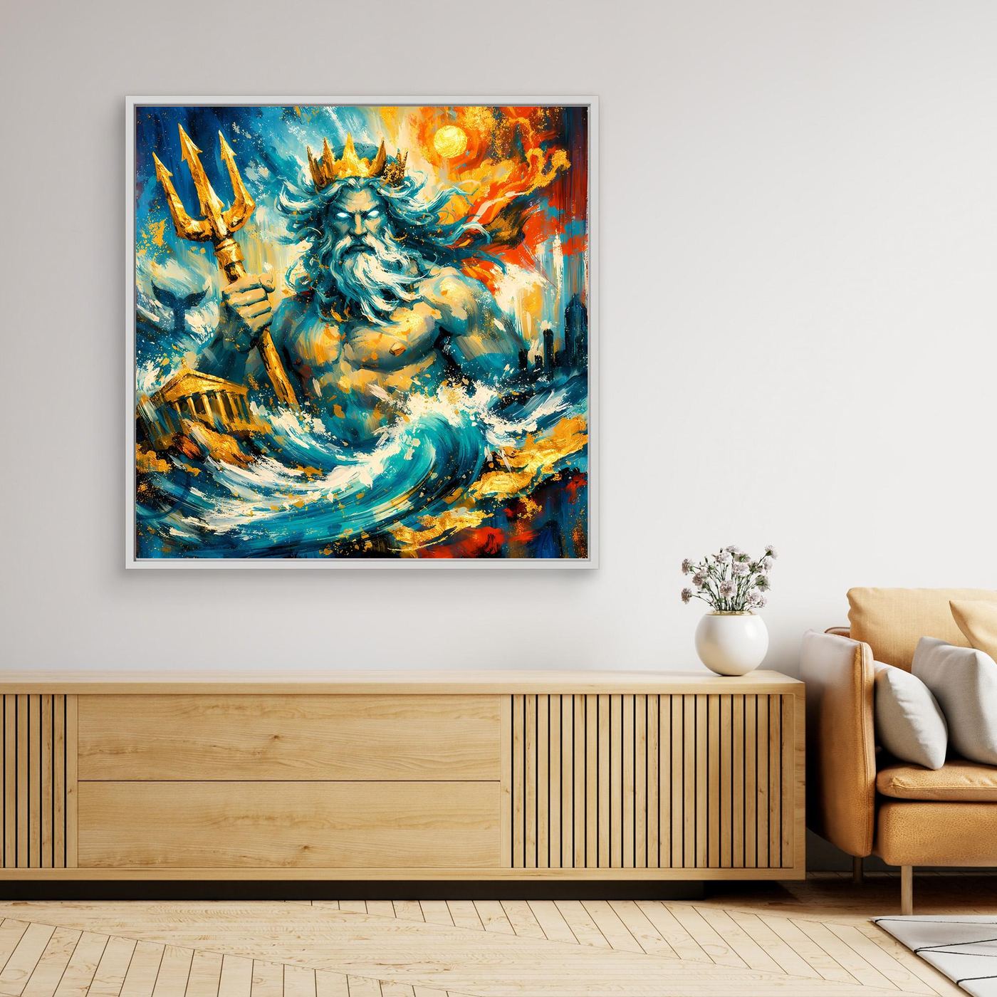 Leinwandbild mit Poseidon, buntes Meeresmotiv, weißer Rahmen