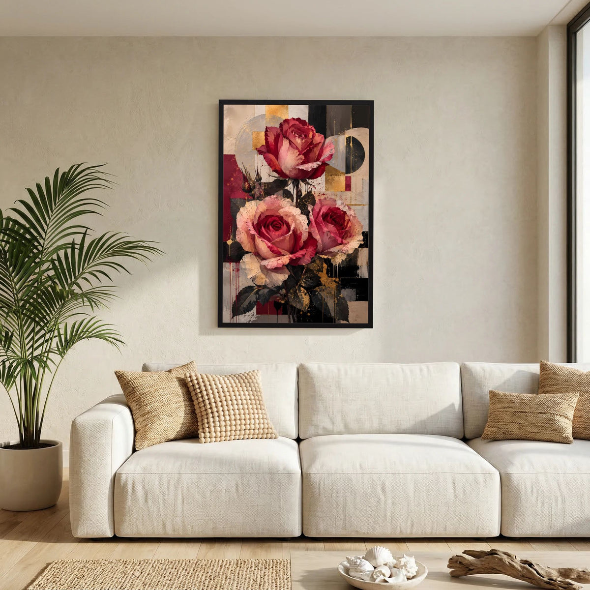 Blumenposter mit Rosen in Rot und Rosa; schwarzer Rahmen an weißer Wand im Wohnzimmer.