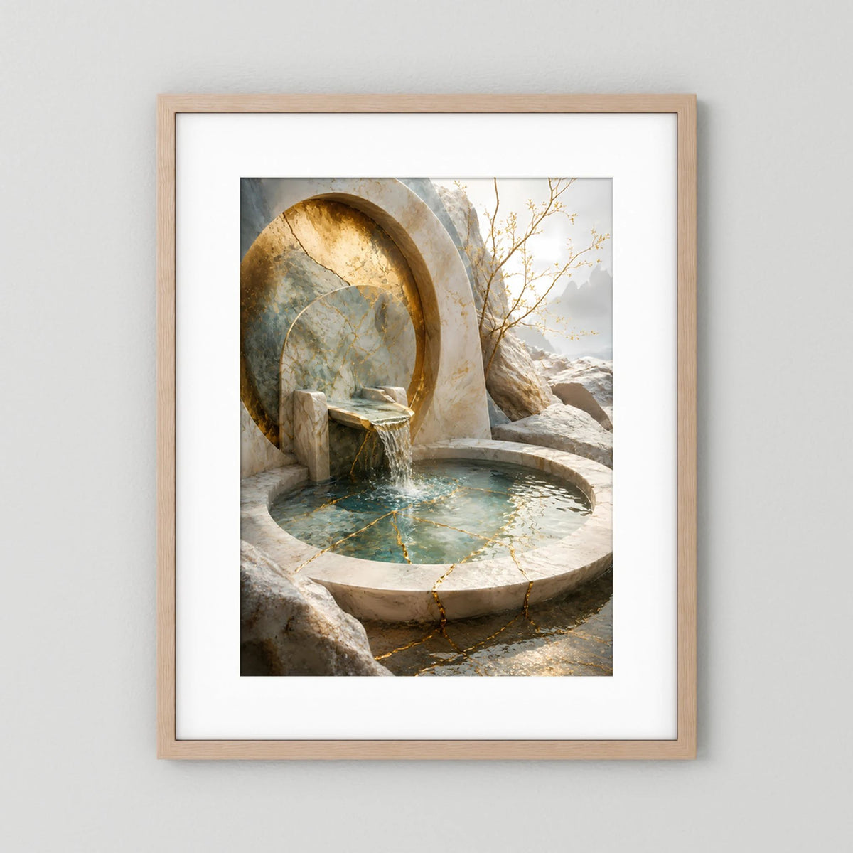 Hochformat-Poster mit hellem Holzrahmen: Brunnen in Stein, goldene Bogenöffnung und türkisfarbenes Wasser