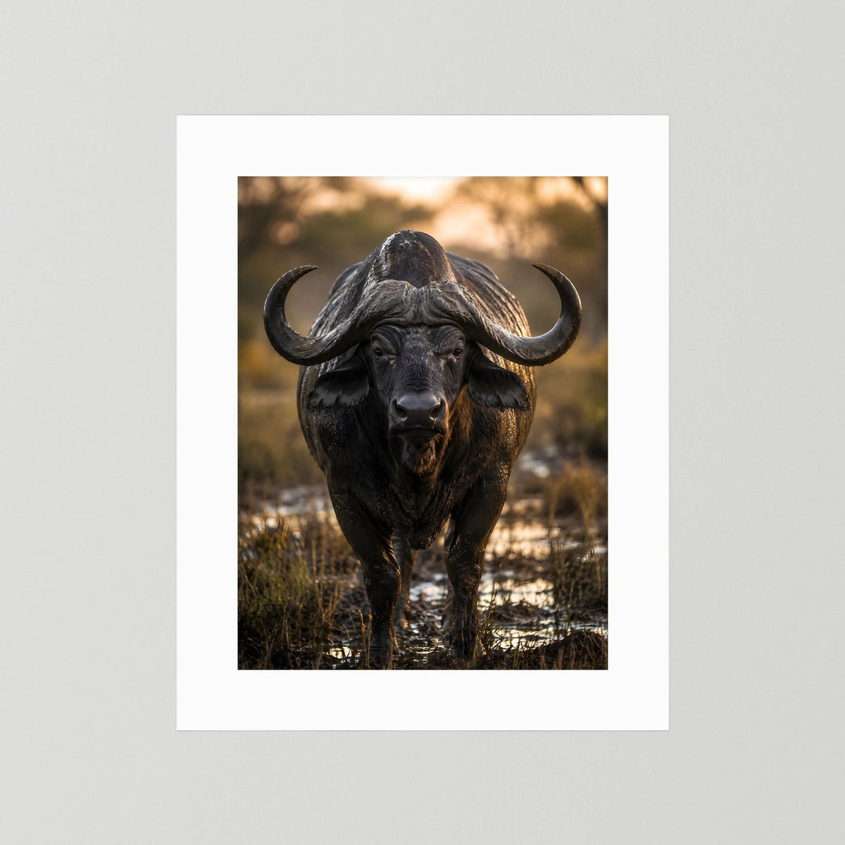 Tierposter mit Kaffernbüffel, weiß eingefasster Druck, Hochformat